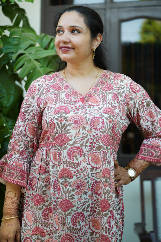 Phalguni floral Block Print Cotton Midi Dress – Lightweight & Comfortable dress