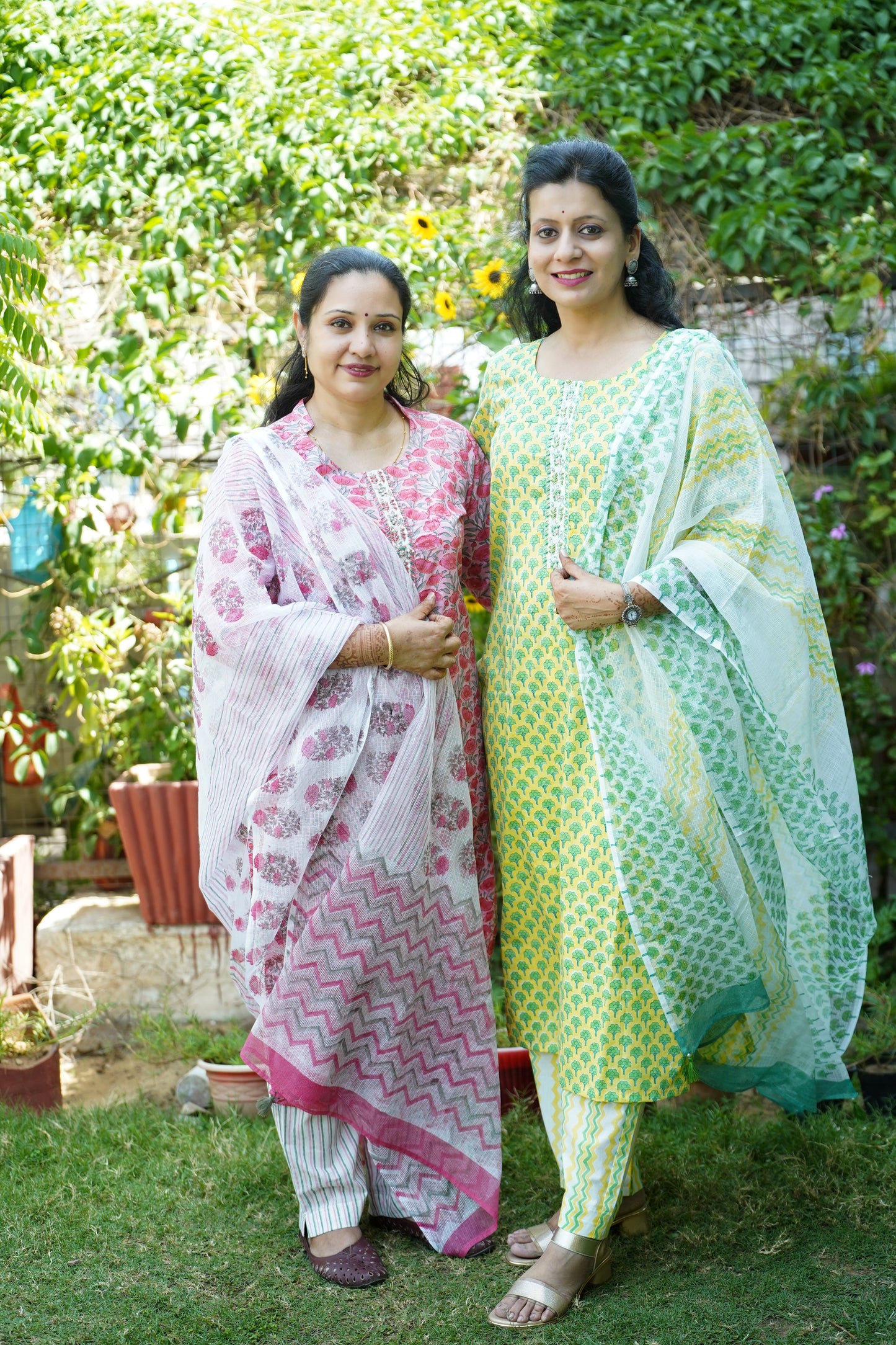 Mogra yellow Block Print Cotton Suit Set with Kota Dupatta and embroidery placket