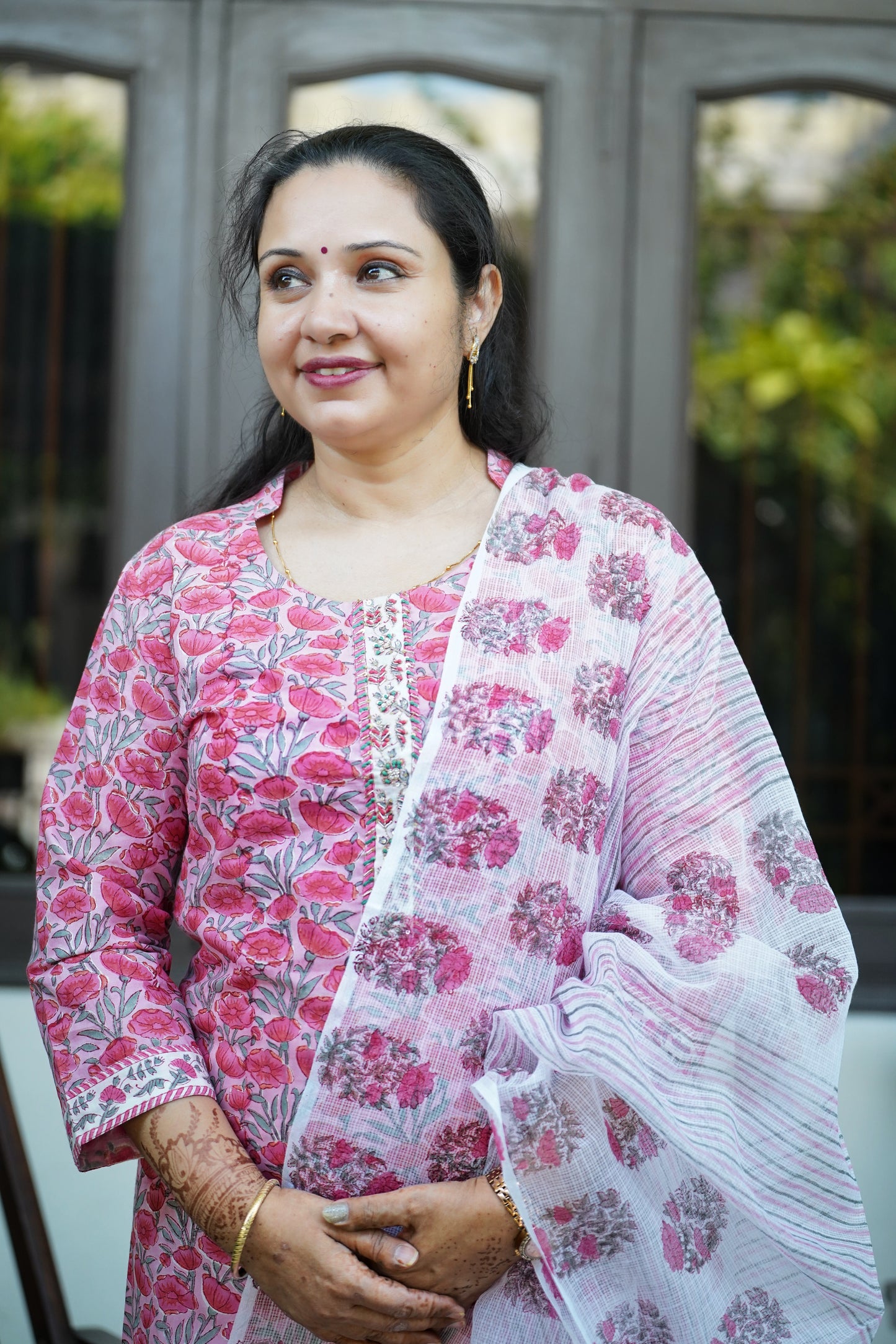 "Sugandha" Khumaar- Handblock Printed pink Cotton Suit Set | Floral Jaal Design | Kota Doria Dupatta