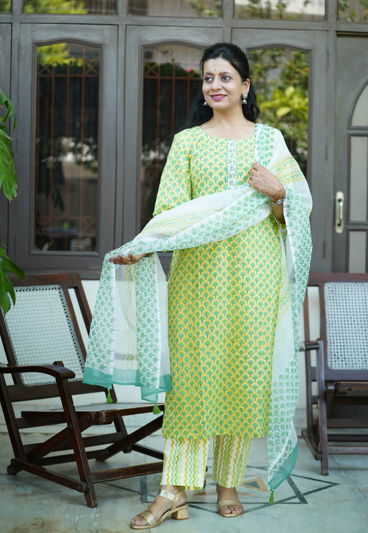 Mogra yellow Block Print Cotton Suit Set with Kota Dupatta and embroidery placket