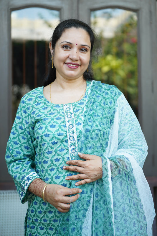 "Sheesh Mahal"- Hand block Printed blue Cotton Suit Set | Mughal Jaal Design | Kota Doria Dupatta| Hand embroidery placket