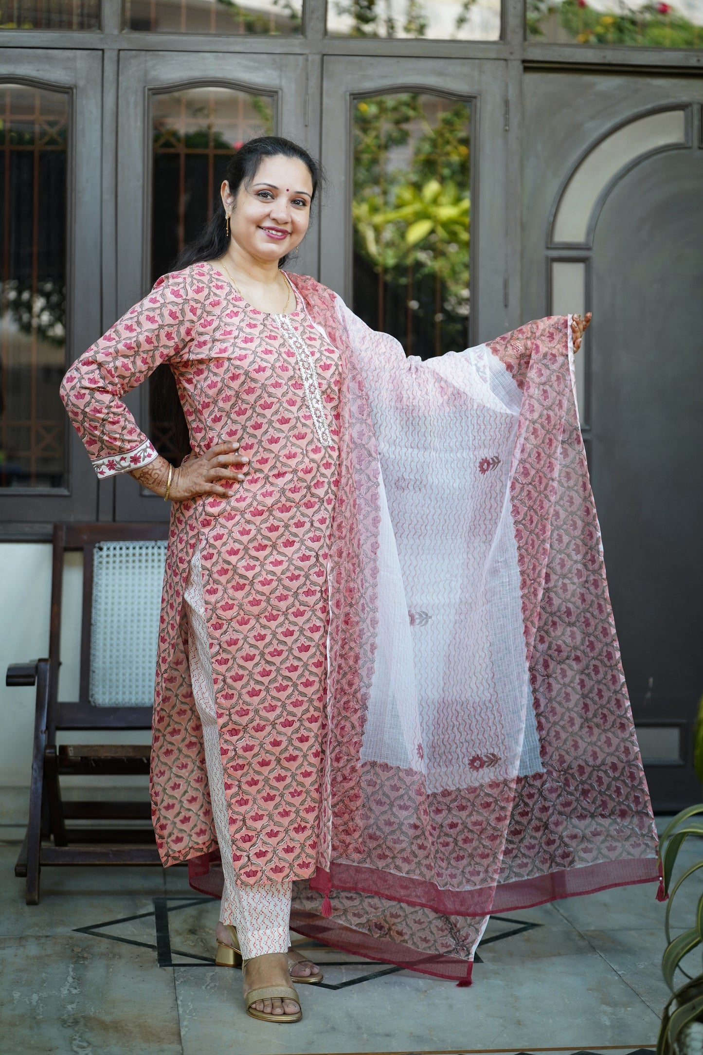 "Sheesh Mahal"- Hand block Printed peach Cotton Suit Set | Mughal Jaal Design | Kota Doria Dupatta| Hand embroidery plackett