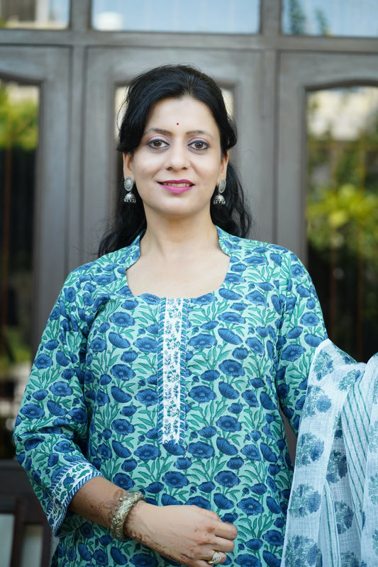 Sugandha Neelam- Handblock Printed blue Green Cotton Suit Set | Floral Jaal Design | Kota Doria Dupatta