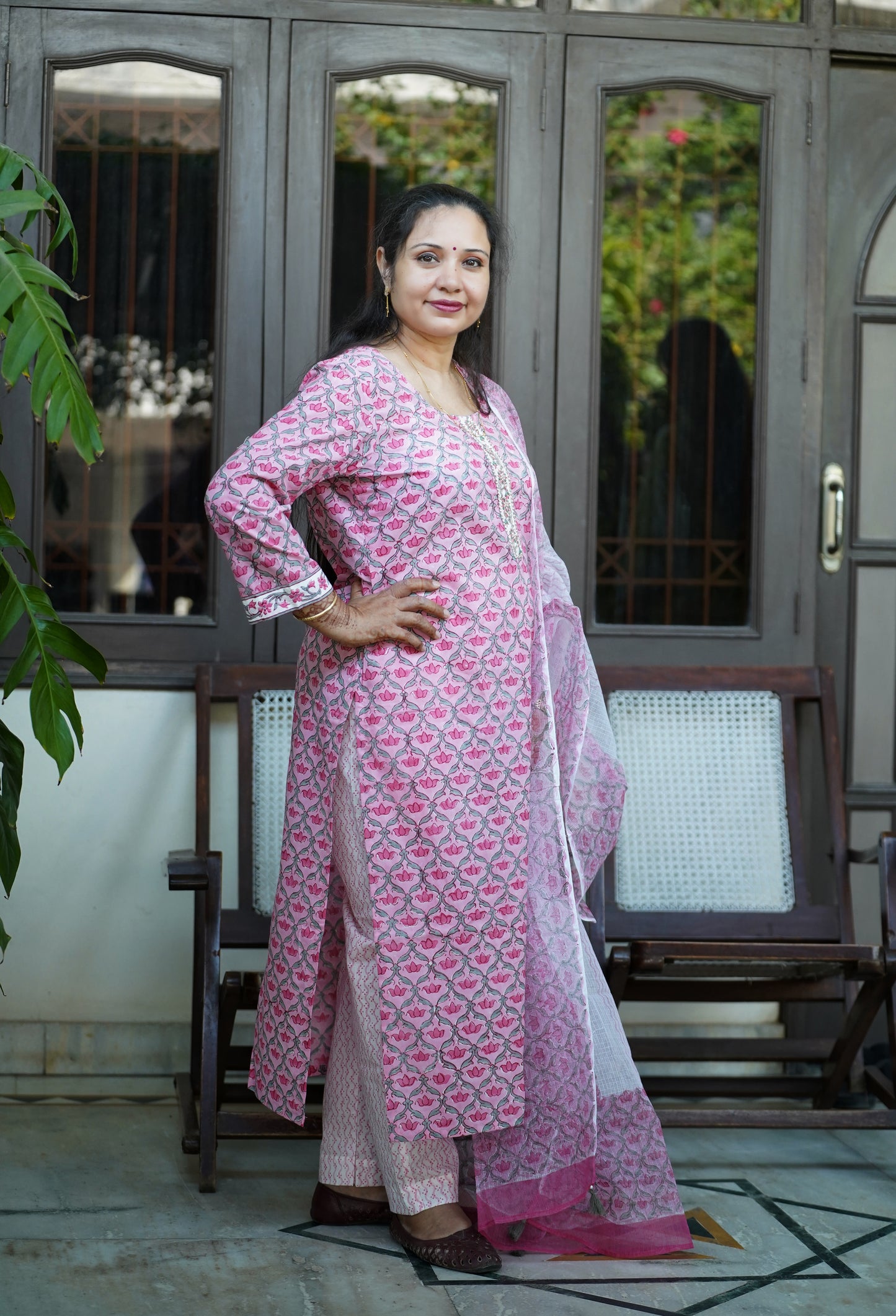 "Sheesh Mahal"- Hand block Printed Pink Cotton Suit Set | Mughal Jaal Design | Kota Doria Dupatta| Hand embroidery placket