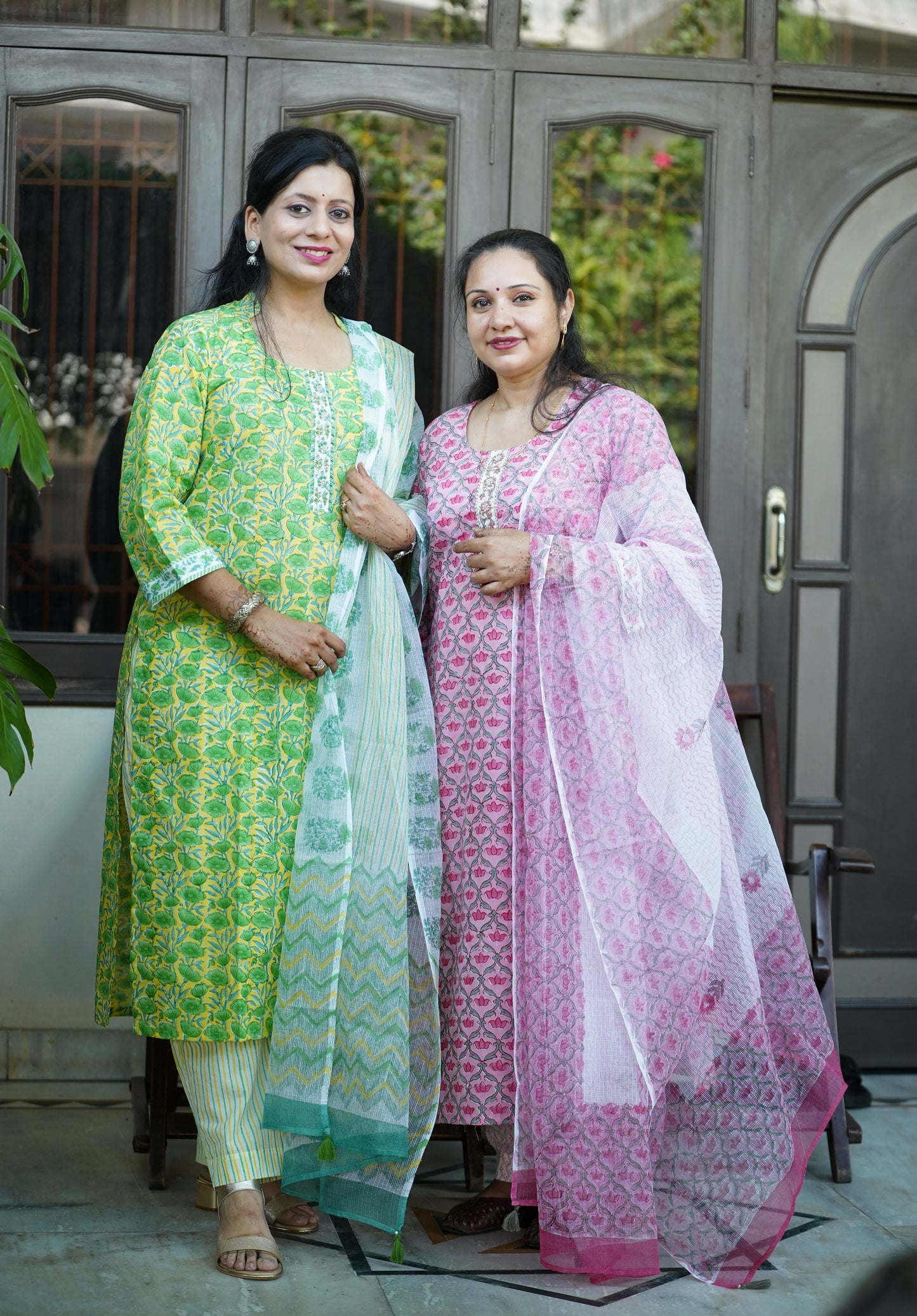 Sugandha Basanti- Handblock Printed Yellow Green Cotton Suit Set | Floral Jaal Design | Kota Doria Dupatta
