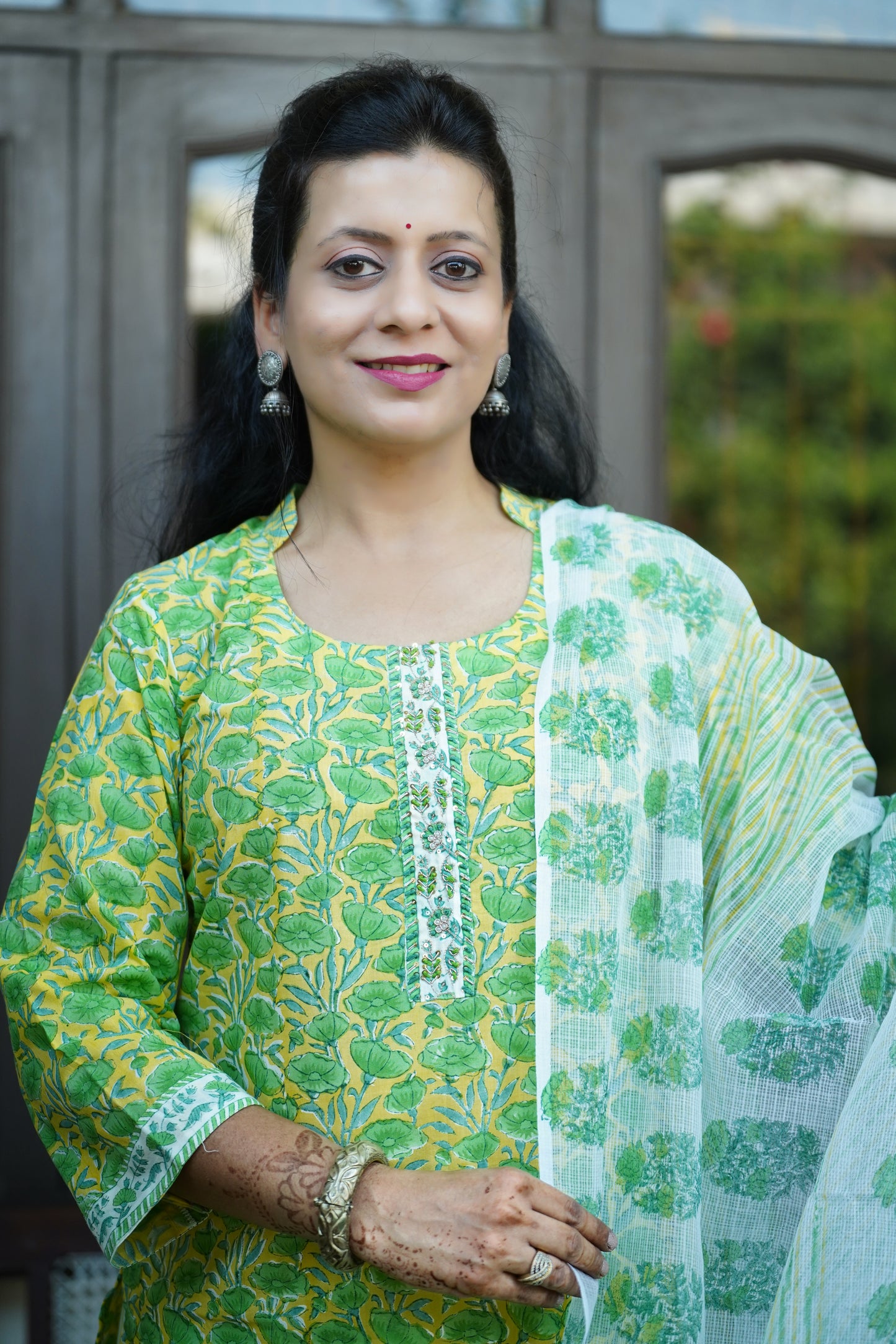 Sugandha Basanti- Handblock Printed Yellow Green Cotton Suit Set | Floral Jaal Design | Kota Doria Dupatta