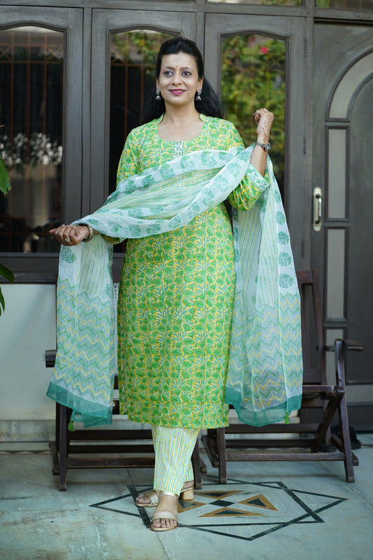 Sugandha Basanti- Handblock Printed Yellow Green Cotton Suit Set | Floral Jaal Design | Kota Doria Dupatta