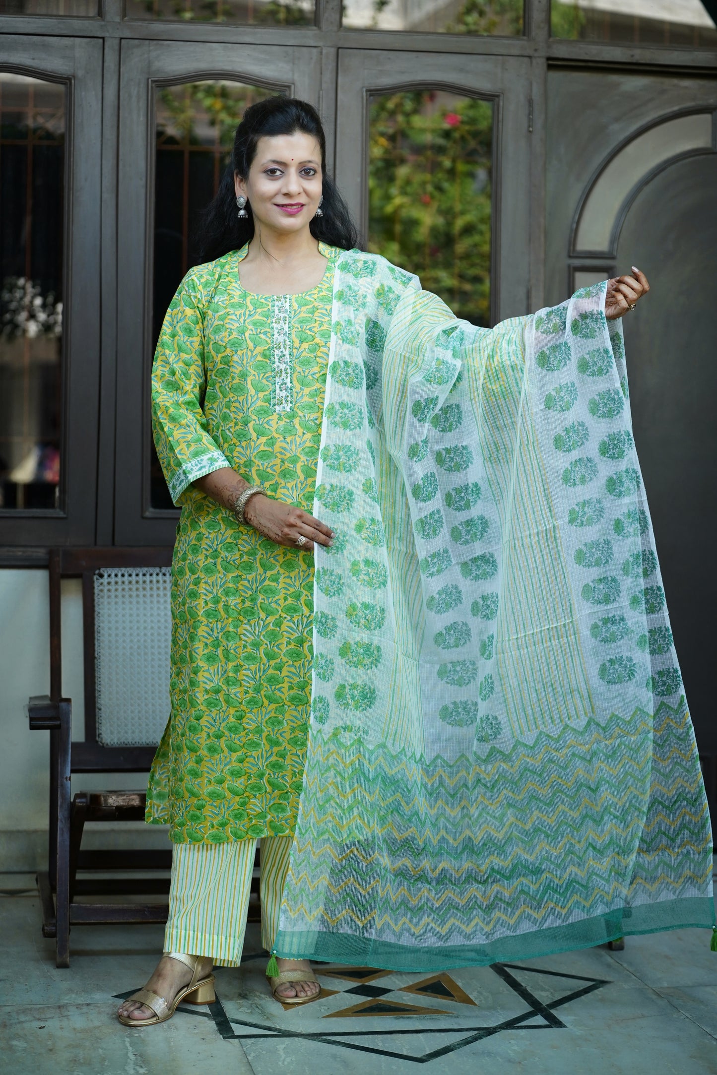 Sugandha Basanti- Handblock Printed Yellow Green Cotton Suit Set | Floral Jaal Design | Kota Doria Dupatta