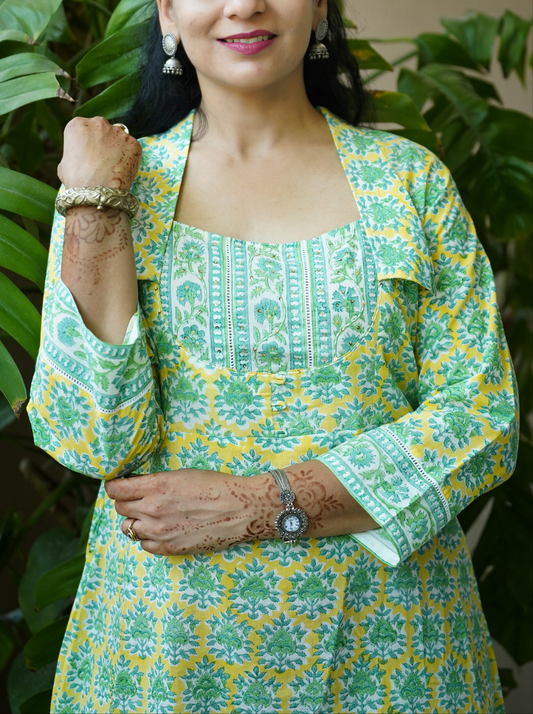 Amaltas-yellow Cotton Block print lightweight midi dress