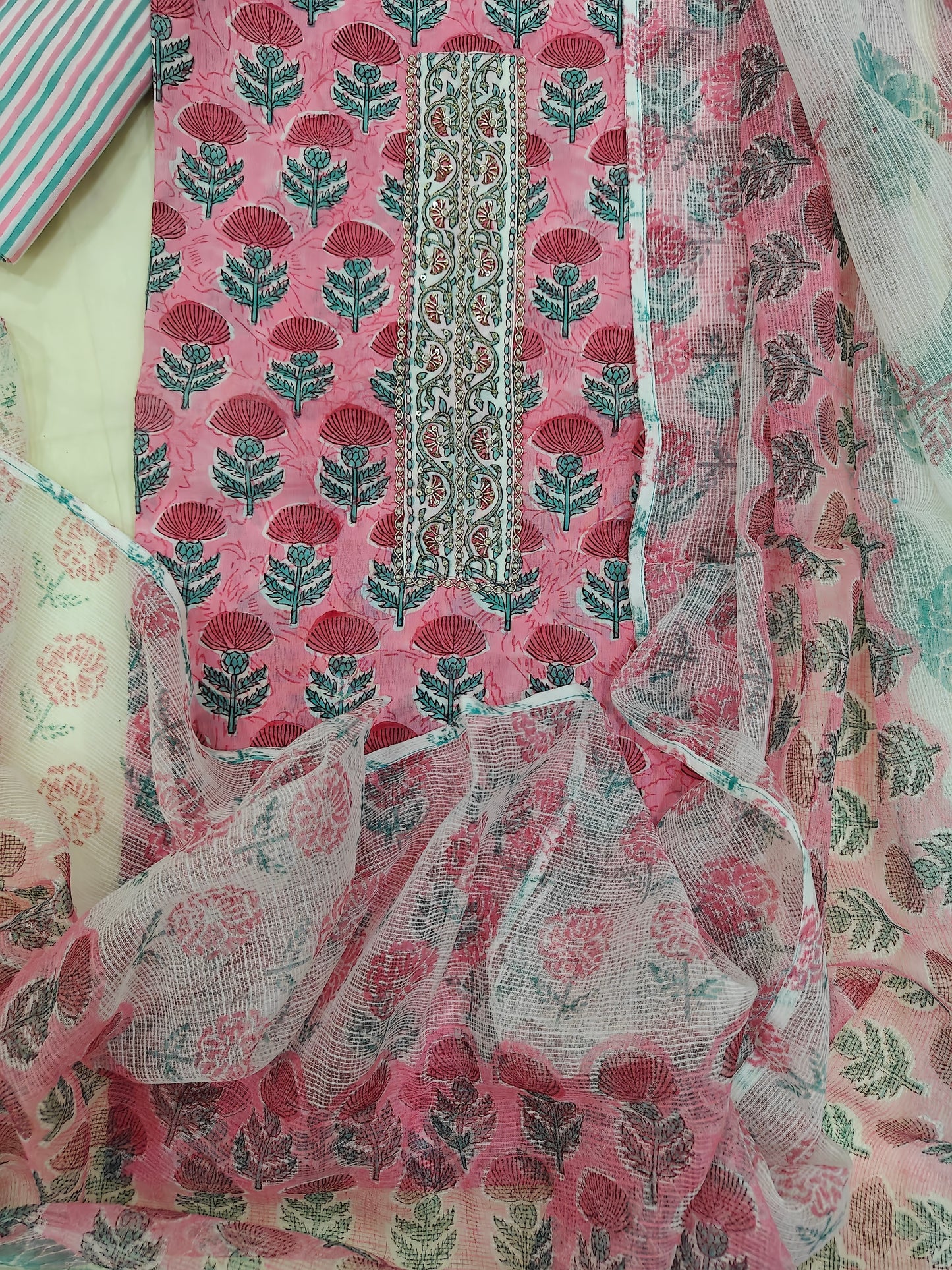 Gulabo- Unstitched floral block print set with hand Embroidery Placket.
