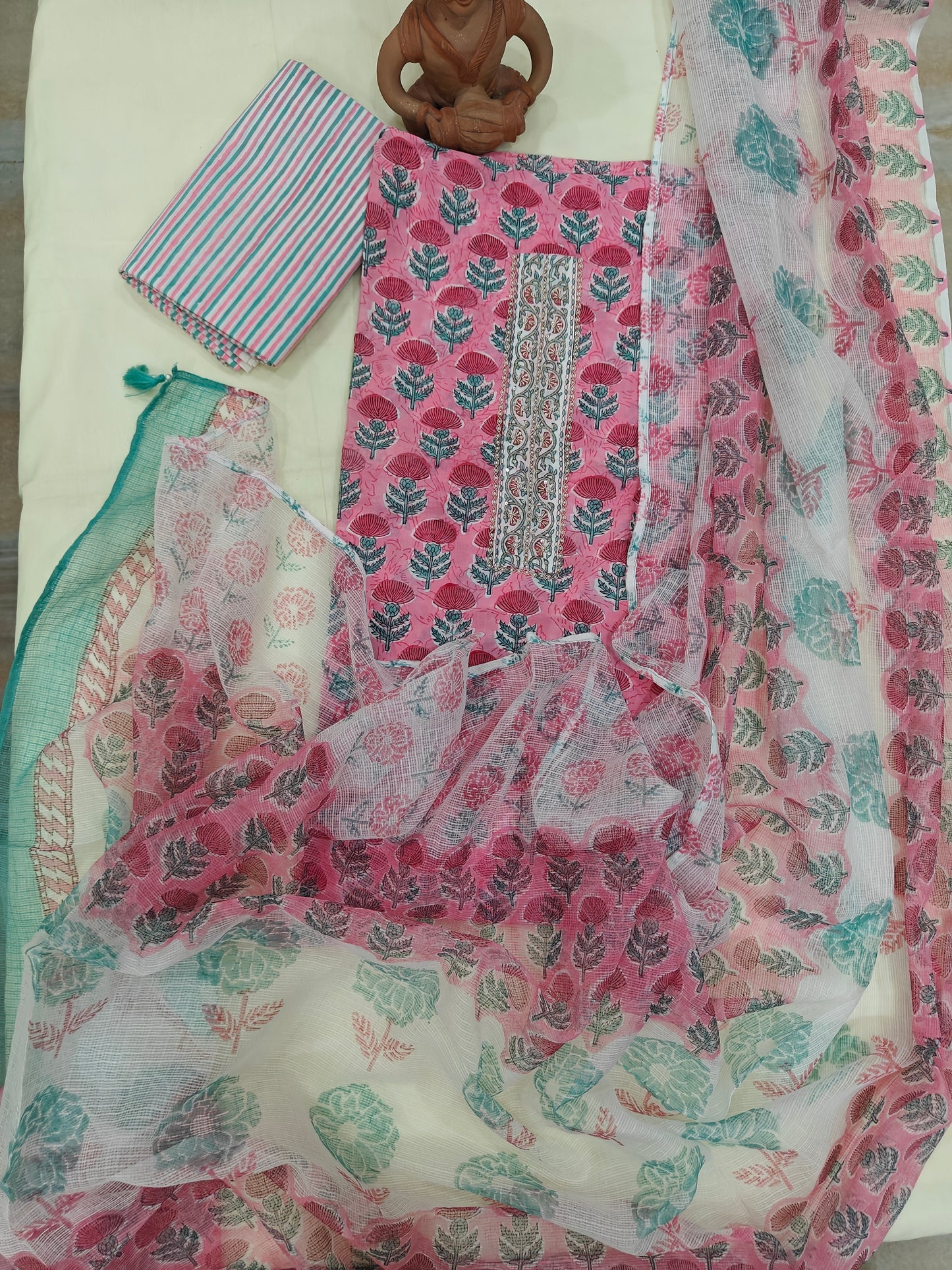 Gulabo- Unstitched floral block print set with hand Embroidery Placket.