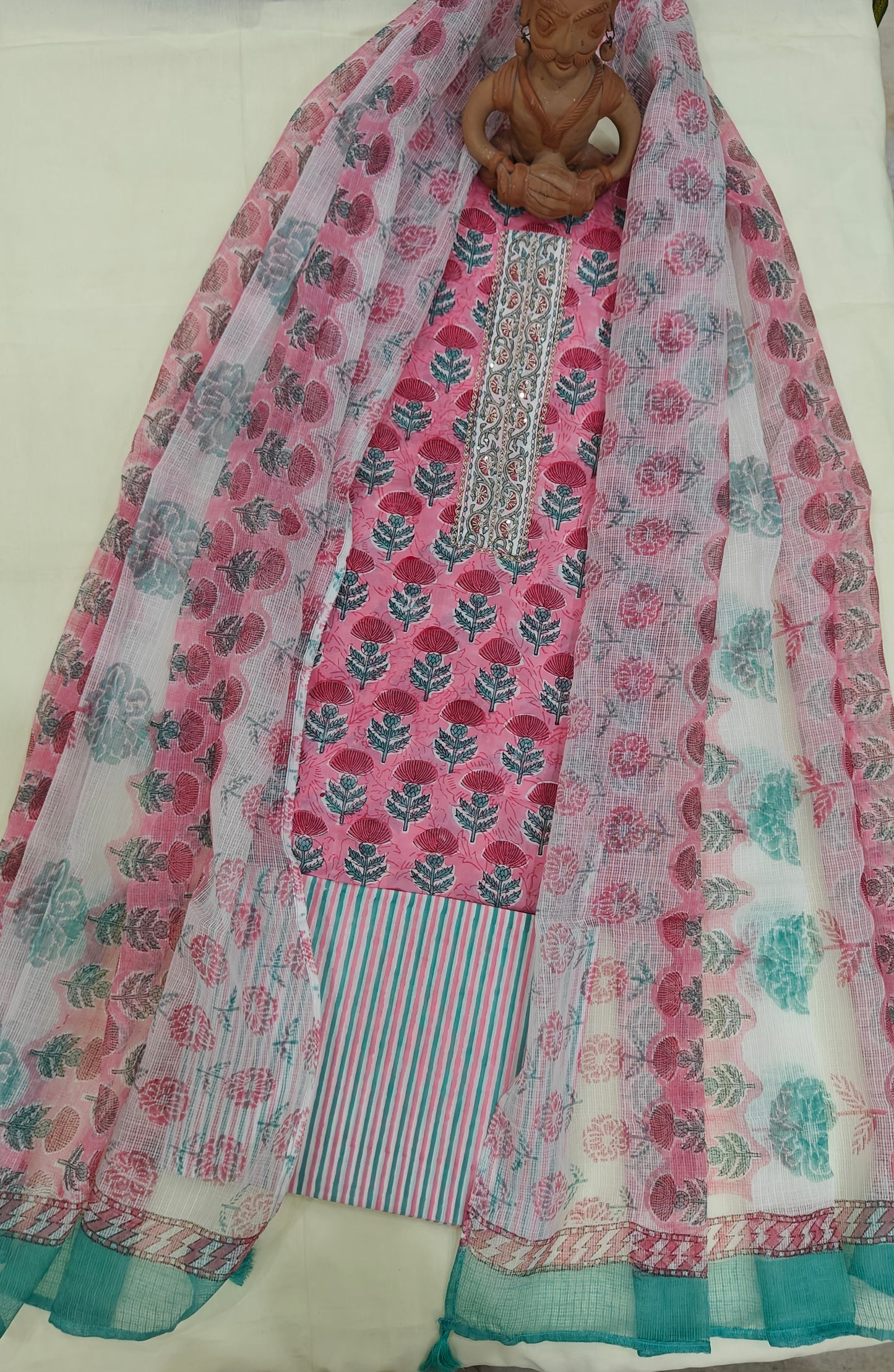 Gulabo- Unstitched floral block print set with hand Embroidery Placket.