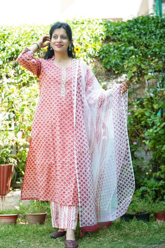 Mogra Peach Floral Handblock Print Cotton Suit Set with Kota Dupatta & Hand Embroidery