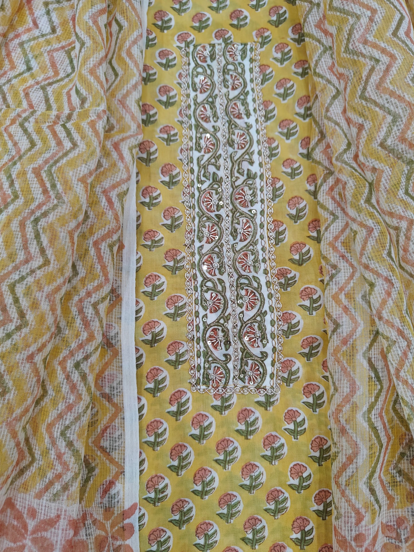 Unstitched cotton printed set with Kota Doria Dupatta