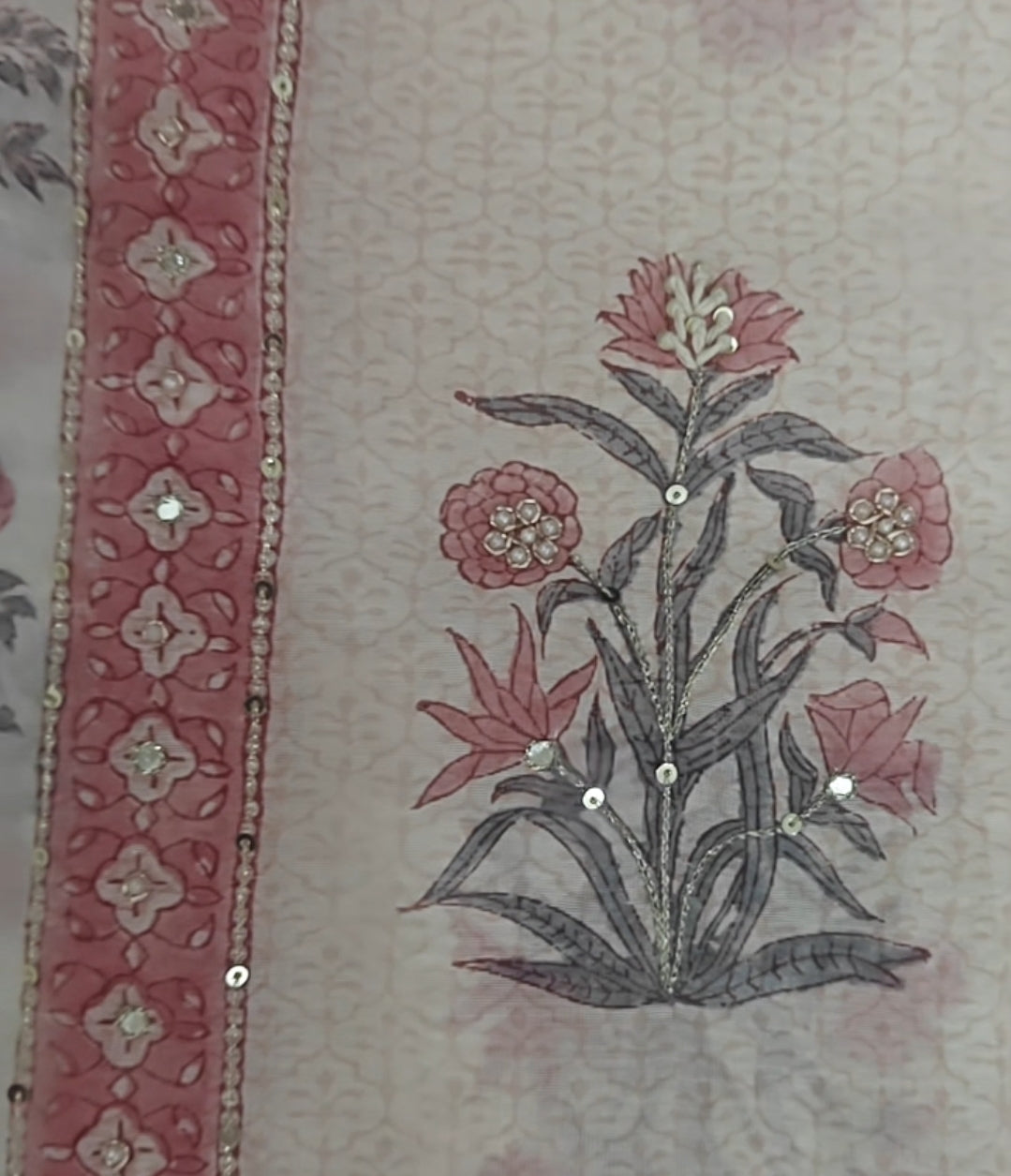 Guljaal – Peach Pure Chanderi Suit Set with Mughal Boota & Jaal Block Print