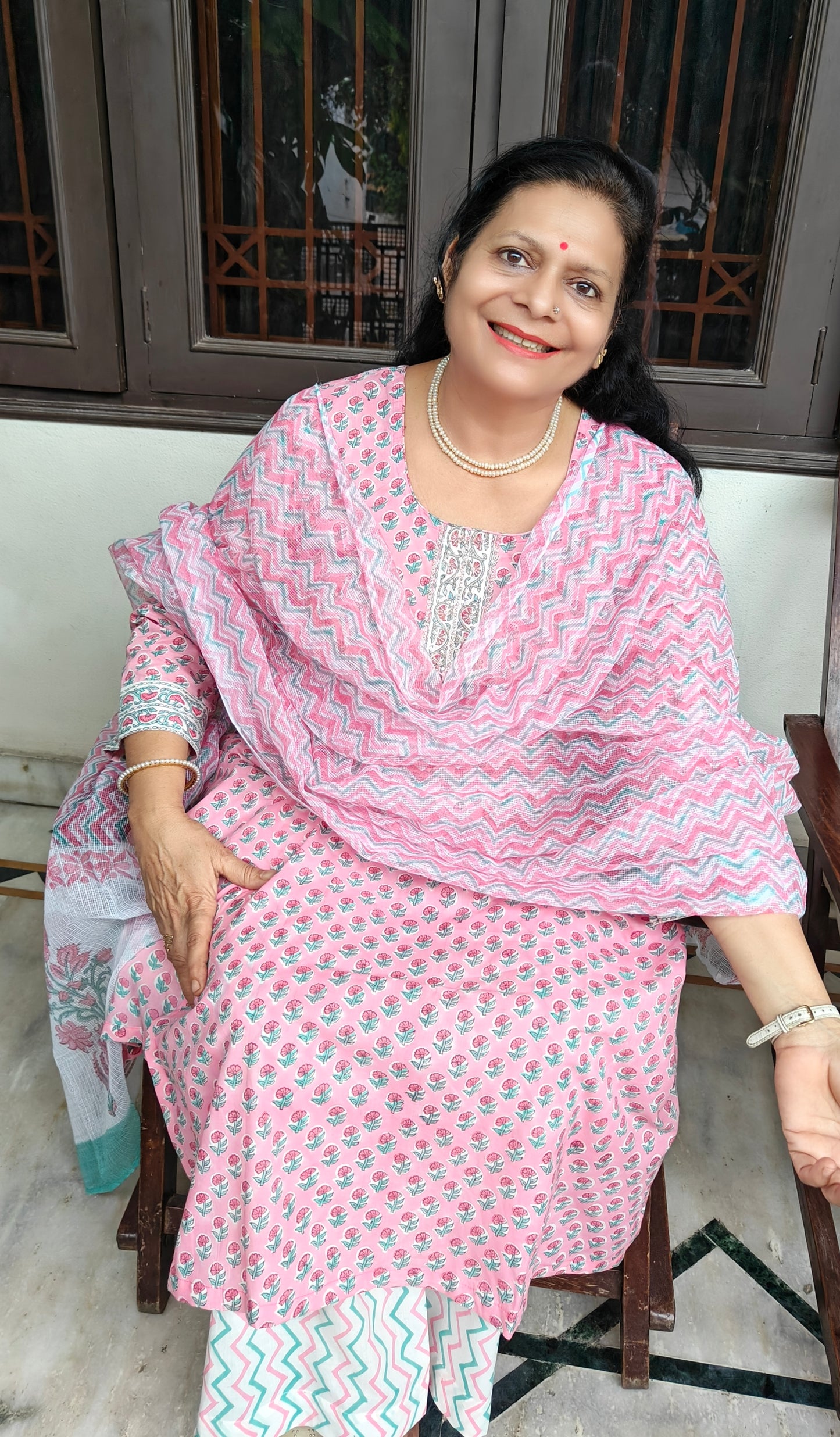 Pink hand block print cotton suit set with hand Embroidery placket