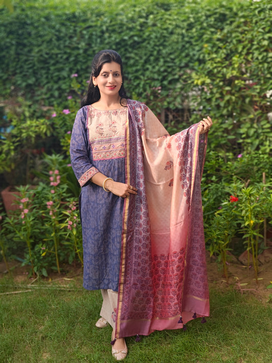 Purple Dobby cotton hand block printed, embroidered and tie and dye suit set with pure Chanderi dupatta