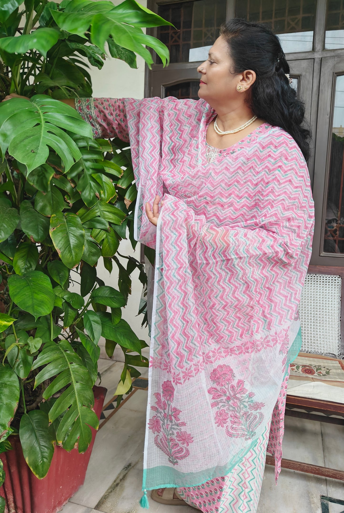 Pink hand block print cotton suit set with hand Embroidery placket