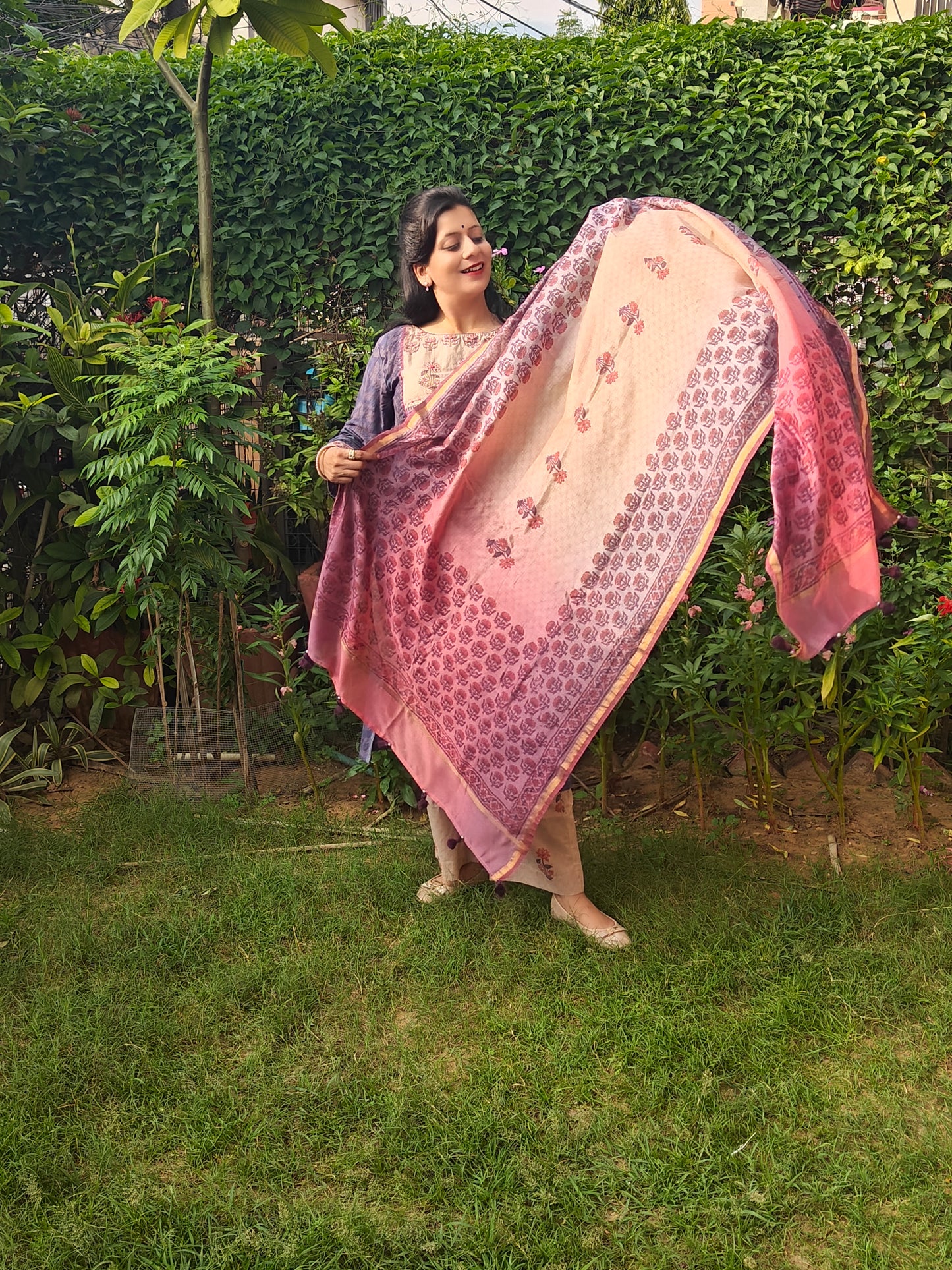 Purple Dobby cotton hand block printed, embroidered and tie and dye suit set with pure Chanderi dupatta