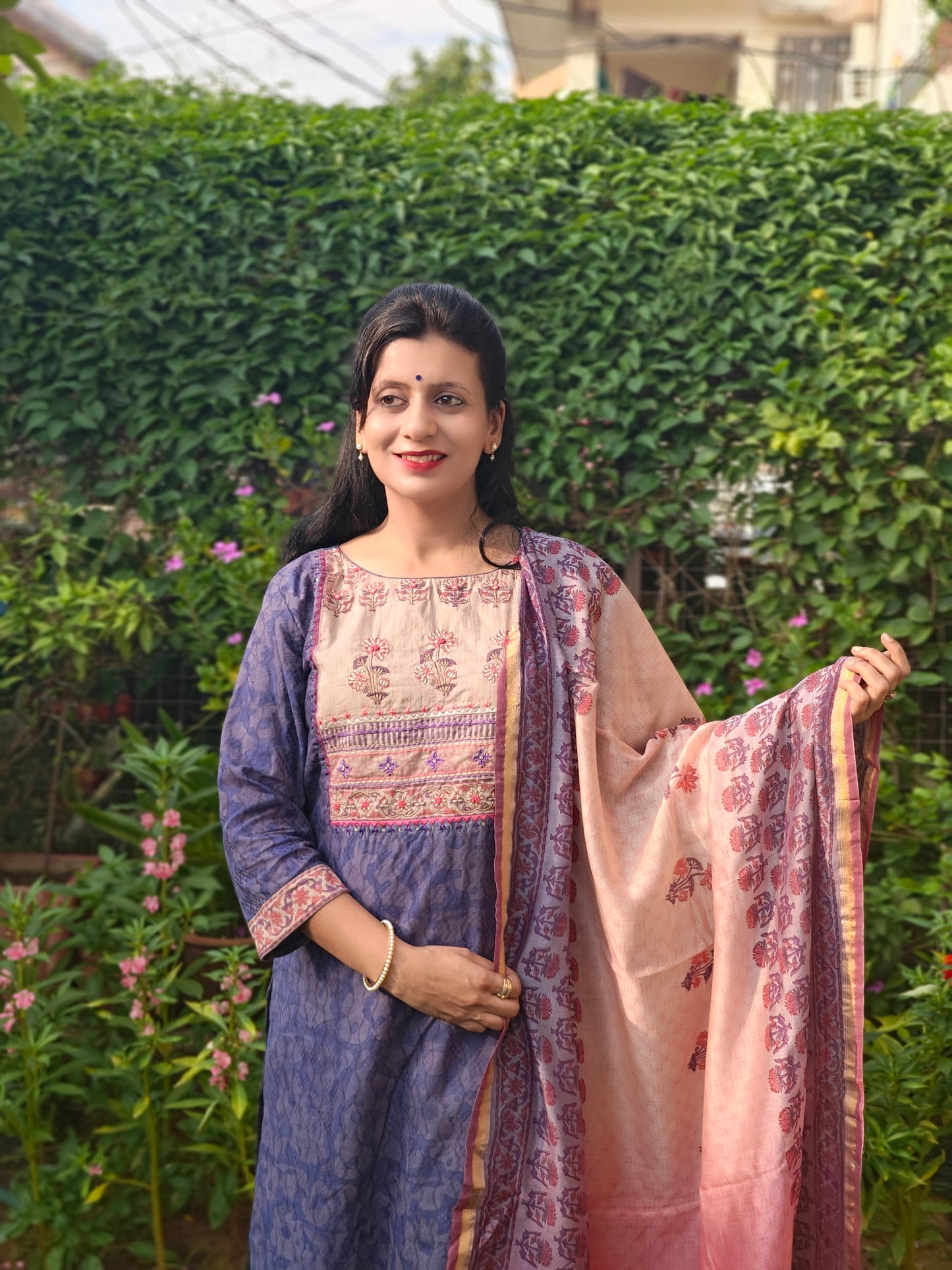 Purple Dobby cotton hand block printed, embroidered and tie and dye suit set with pure Chanderi dupatta