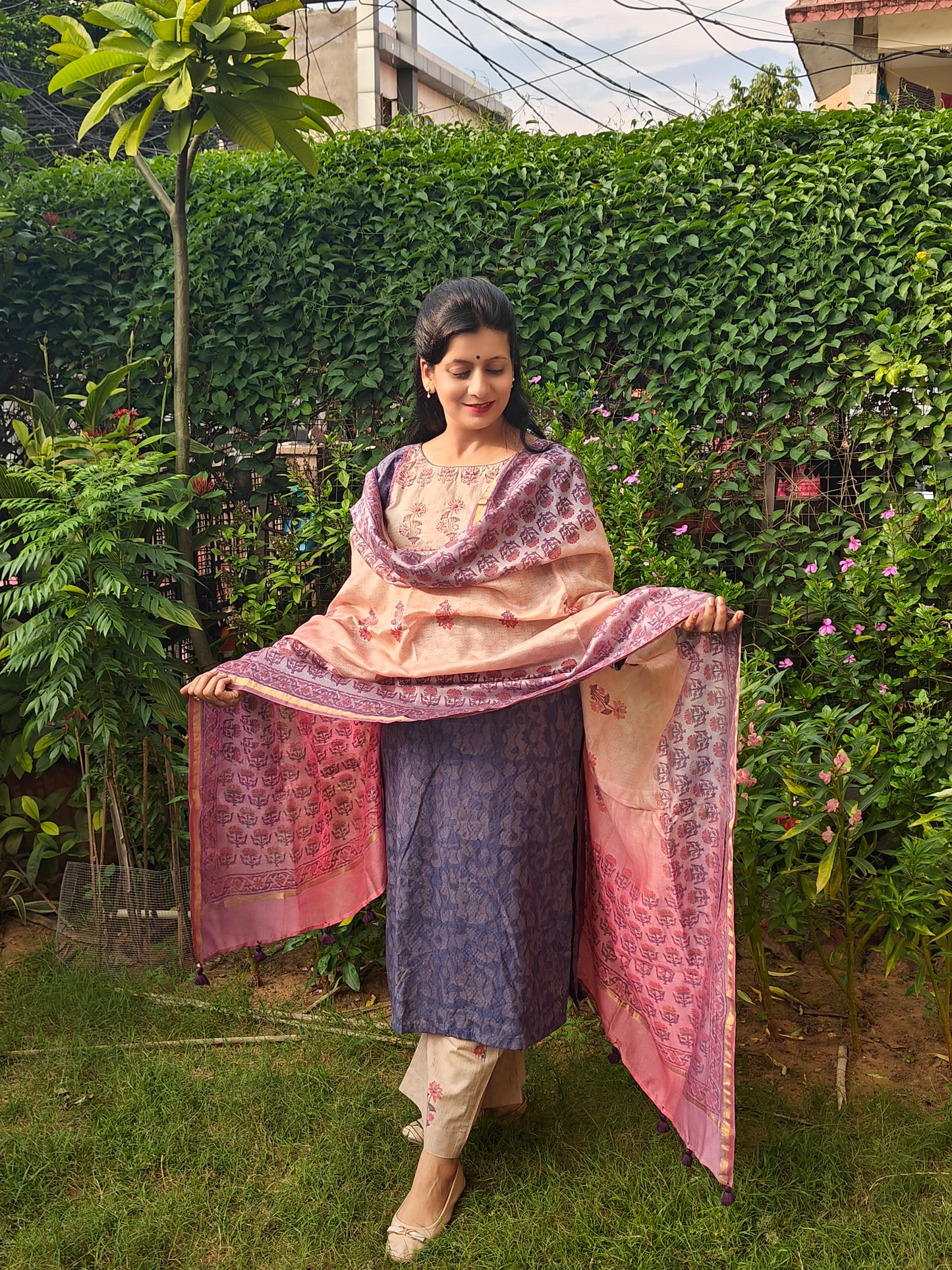 Purple Dobby cotton hand block printed, embroidered and tie and dye suit set with pure Chanderi dupatta