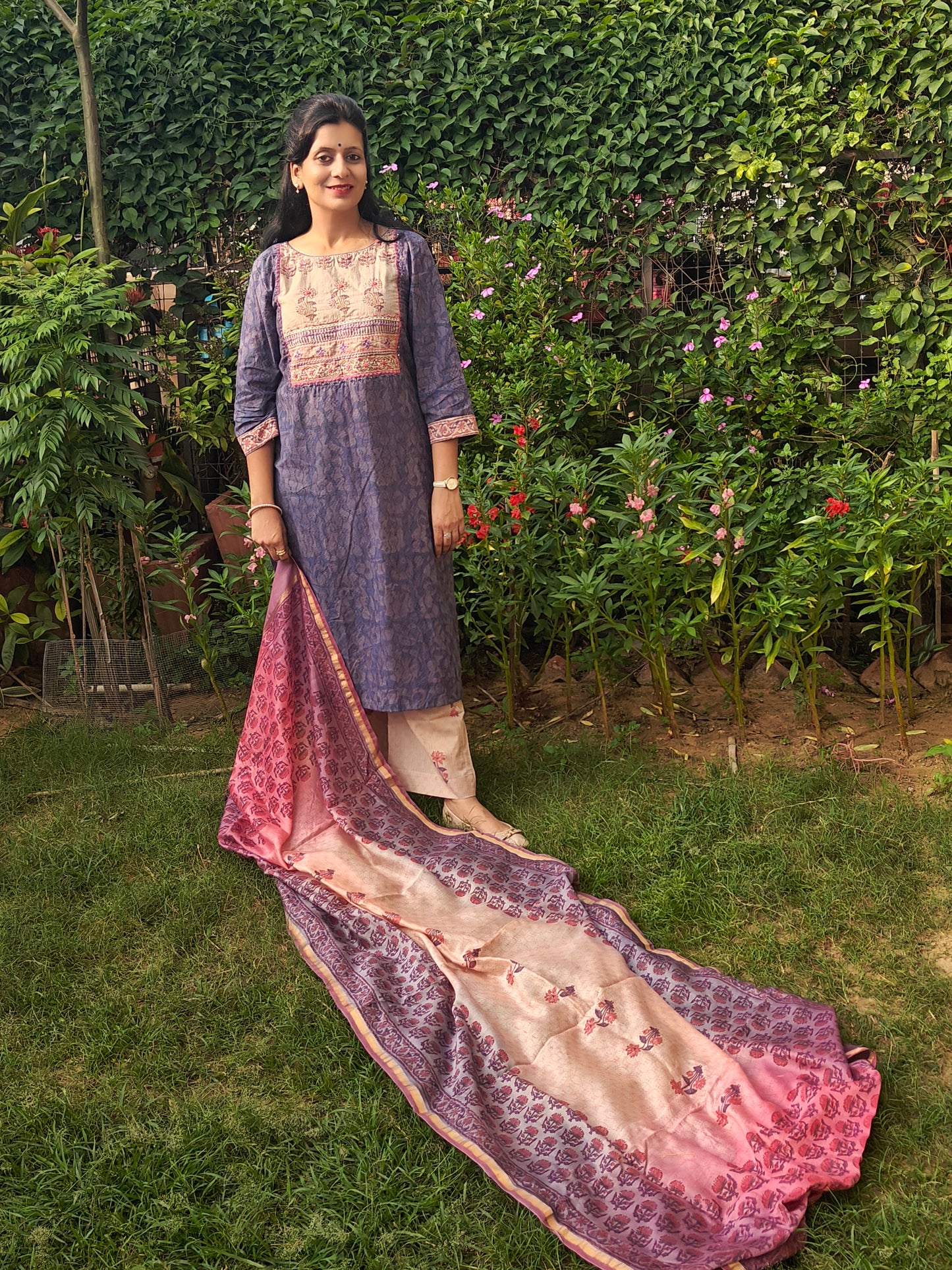 Purple Dobby cotton hand block printed, embroidered and tie and dye suit set with pure Chanderi dupatta
