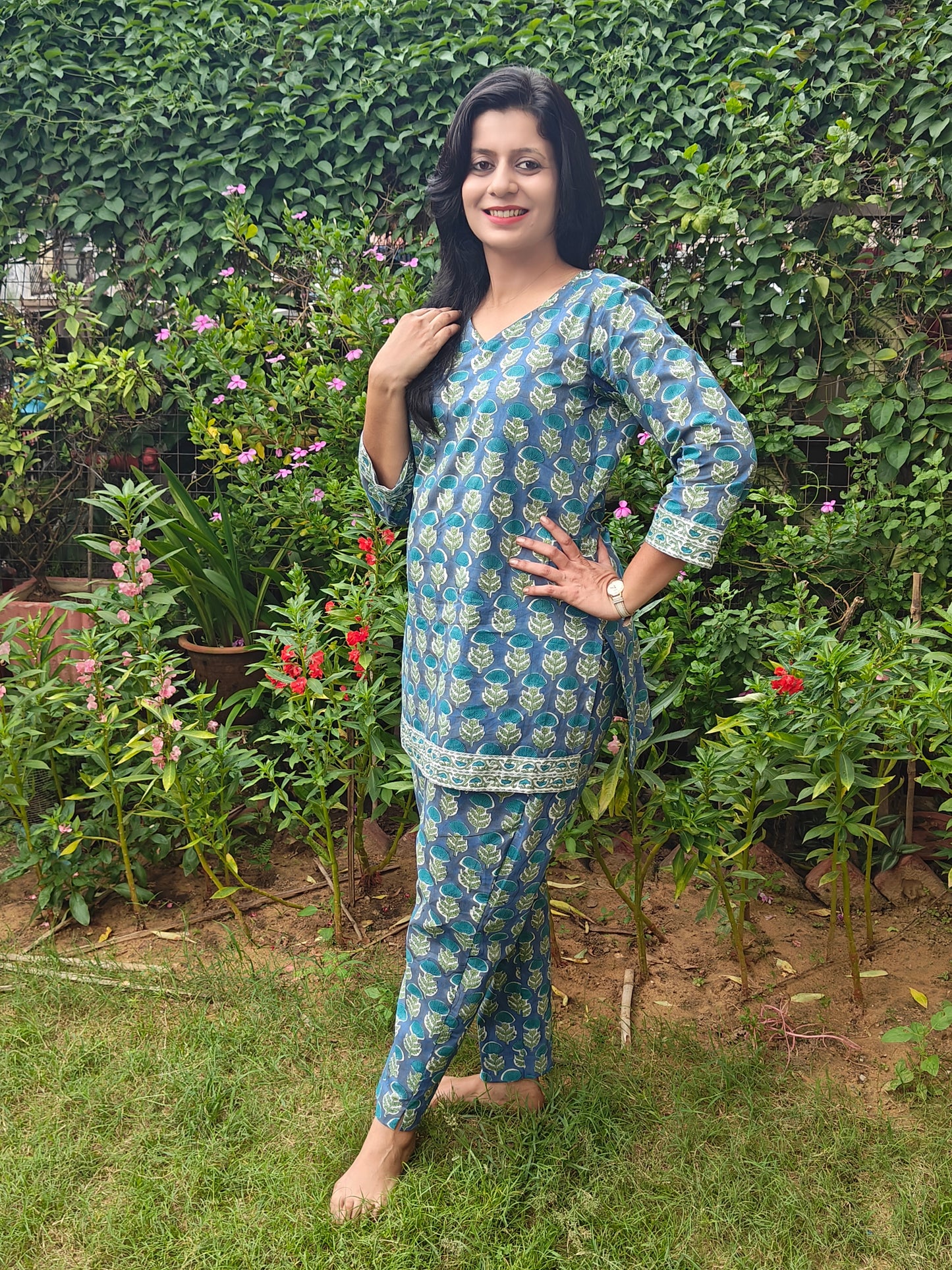 Mayur blue Cotton hand block print Coordset