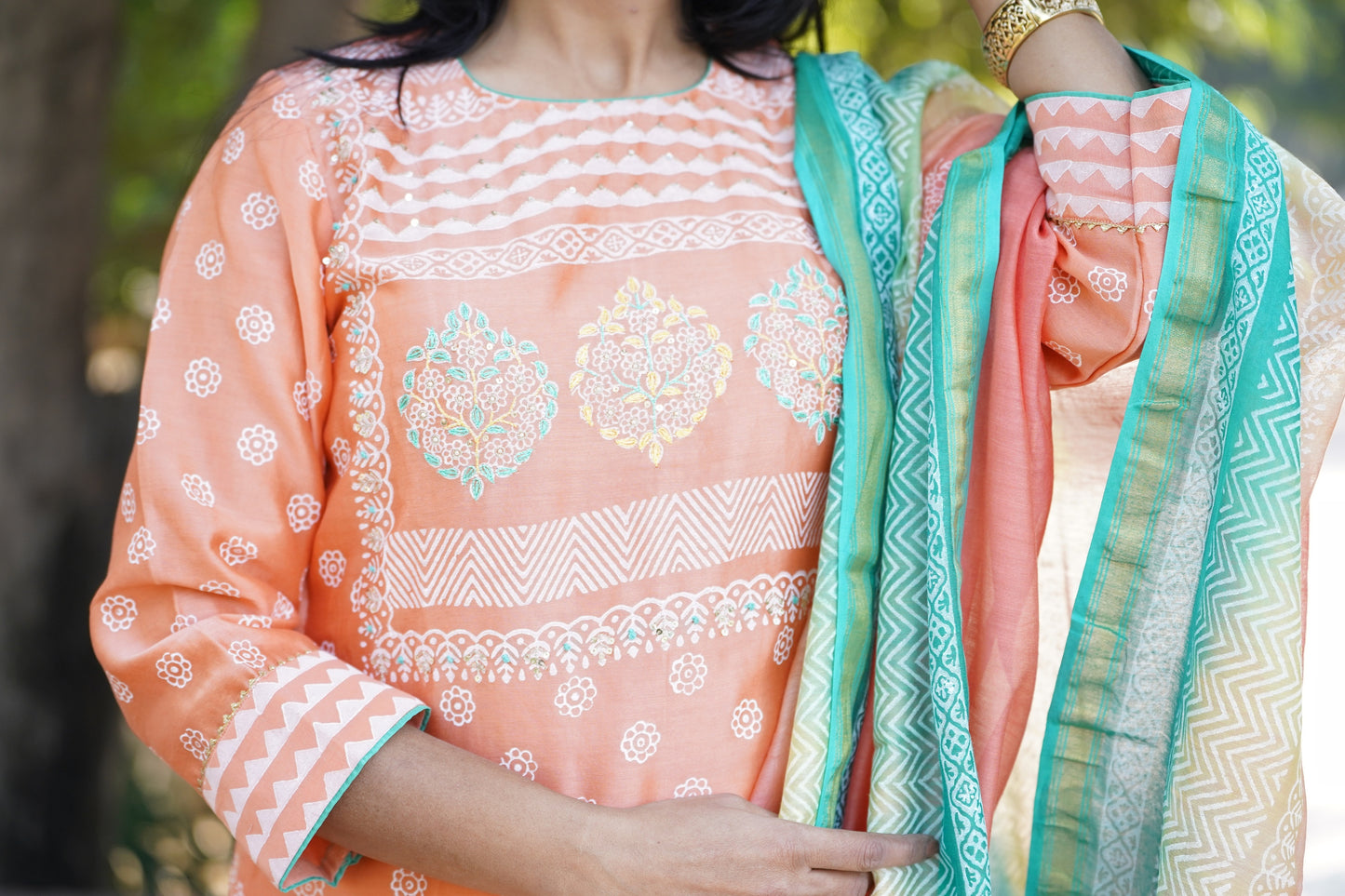 Gulbahar Chanderi khadi print kurta and dupatta set with hand embroidery