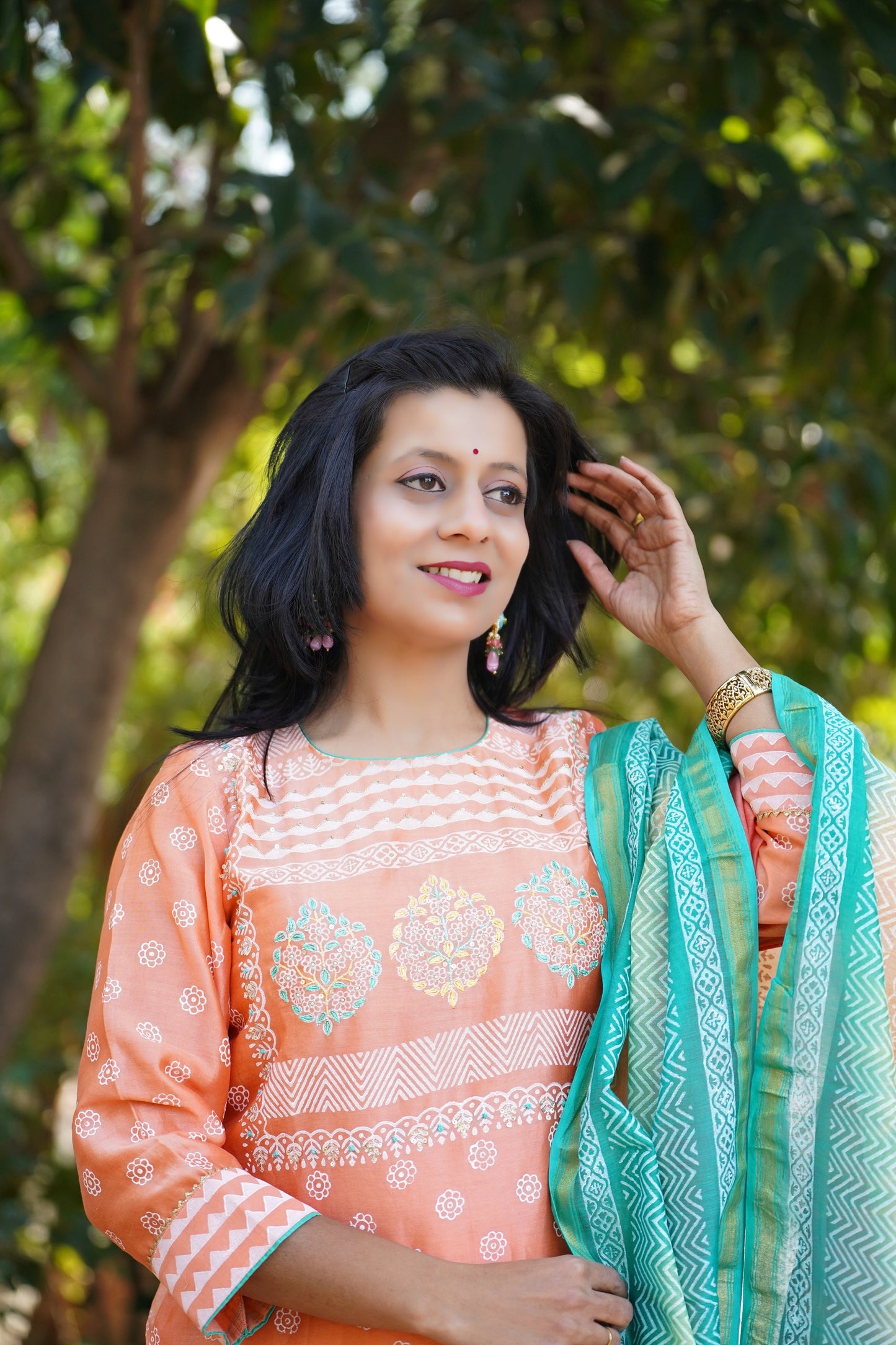 Gulbahar Chanderi khadi print kurta and dupatta set with hand embroidery