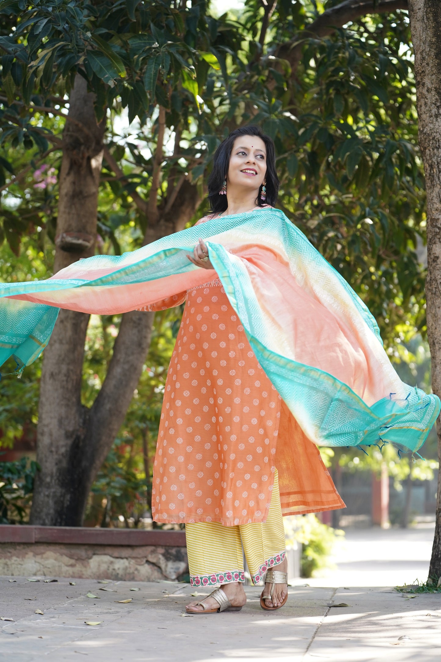 Gulbahar Chanderi khadi print kurta and dupatta set with hand embroidery
