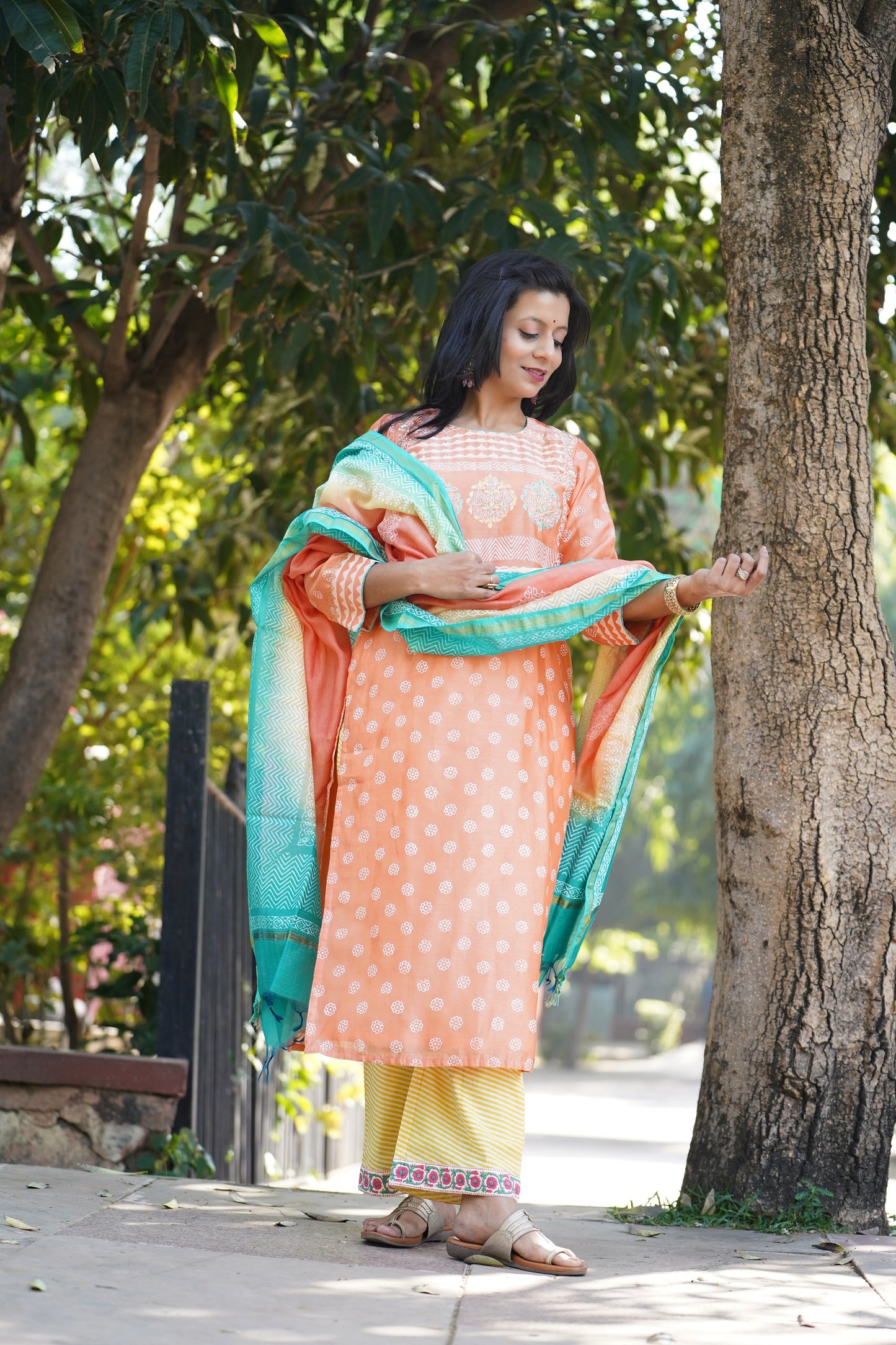 Gulbahar Chanderi khadi print kurta and dupatta set with hand embroidery