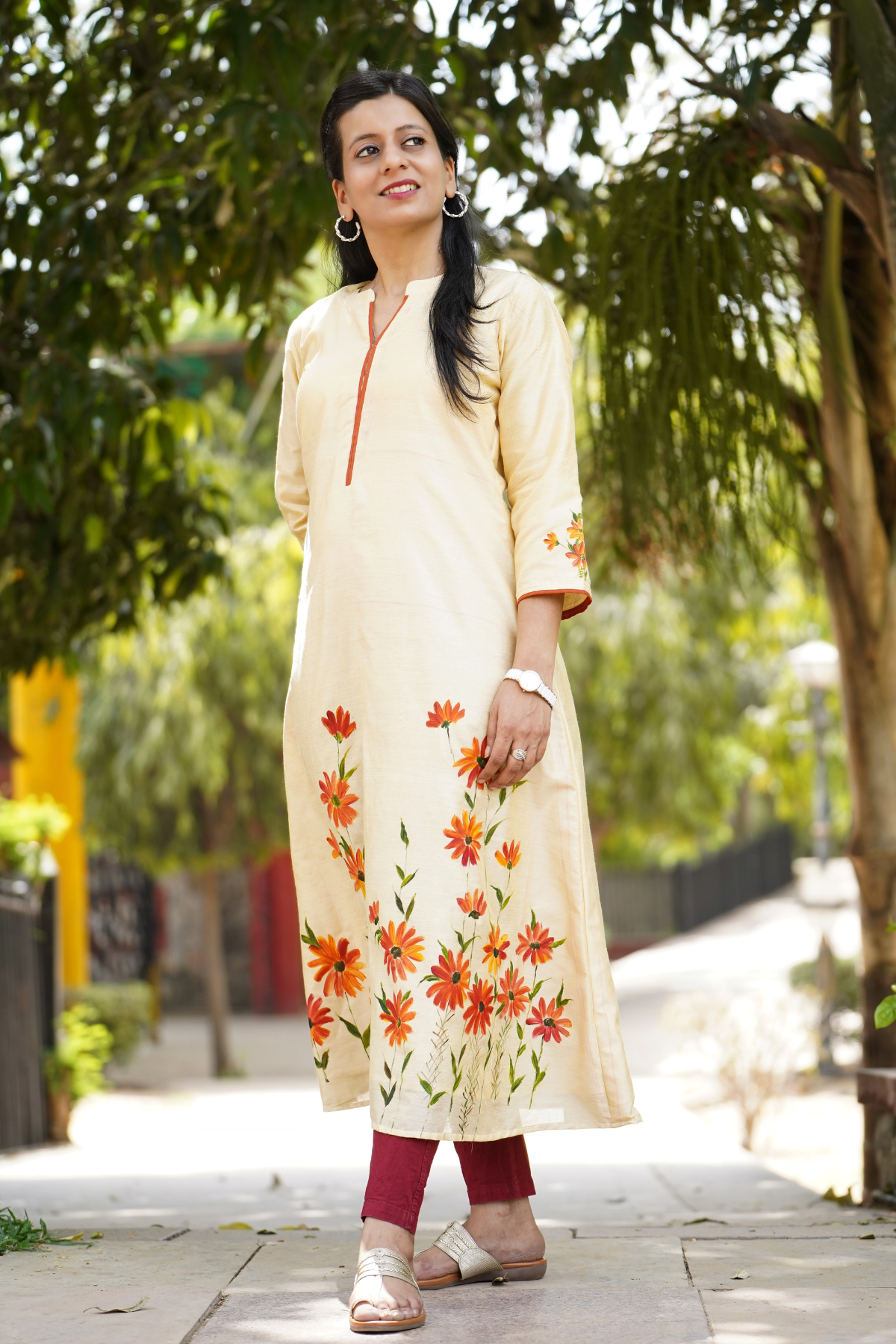 Hand Painted Daisy Chanderi Aline Kurta