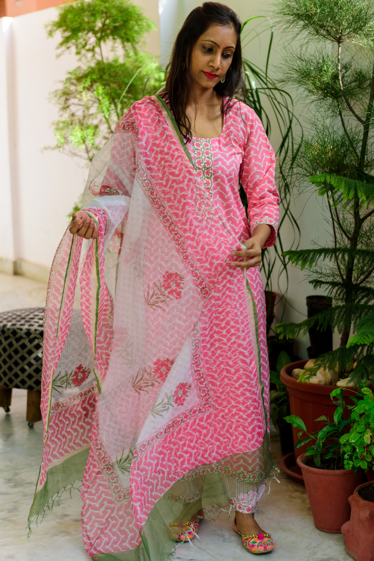 Pink Zahira Kurta, Striped Pants with Kota Doria Dupatta
