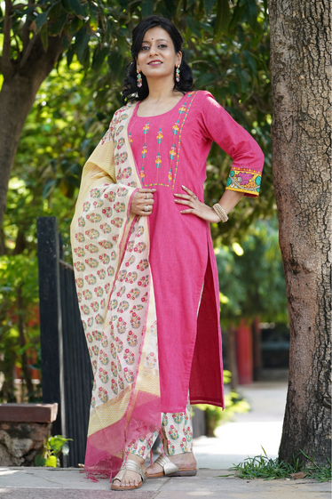 Nargis Kalamkari, Kantha Blockprint Pink Suit Set