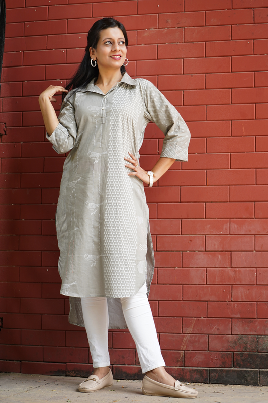 Grey Khari Print Shirt Kurta