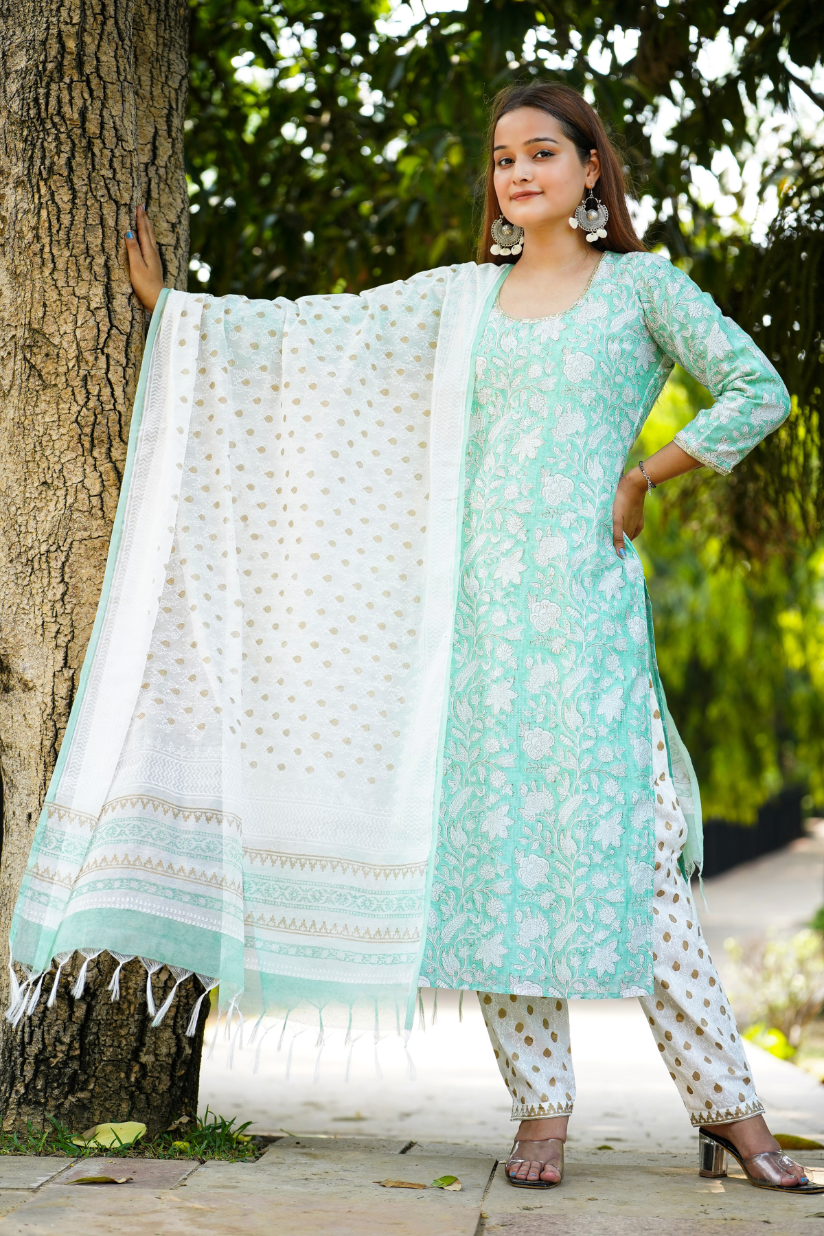 Utsavi Sea Green Hand Block Print Chanderi Kurta, Dupatta and Pant Set