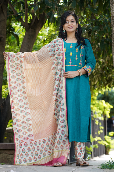 Nargis Kalamkari, Kantha Blockprint Teal Suit Set