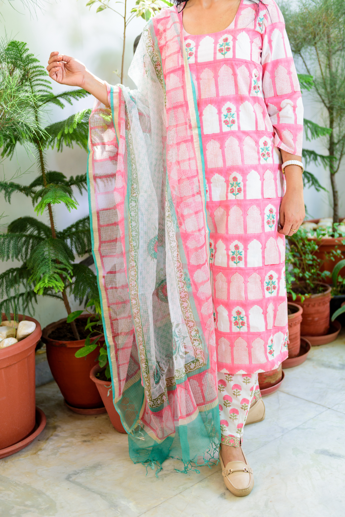 Pink Jharokha Print Kurta with Kota Doria Dupatta