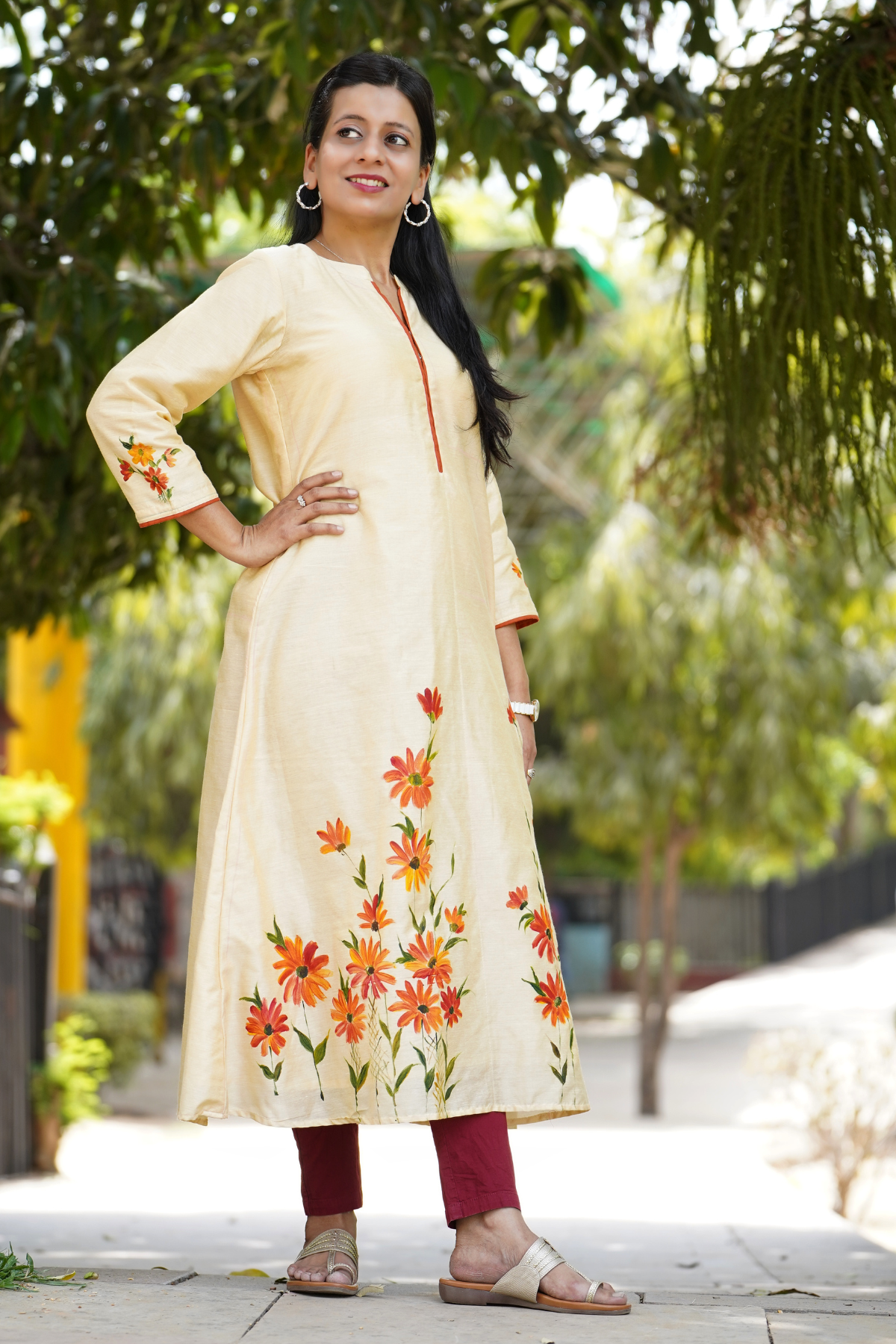 Hand Painted Daisy Chanderi Aline Kurta