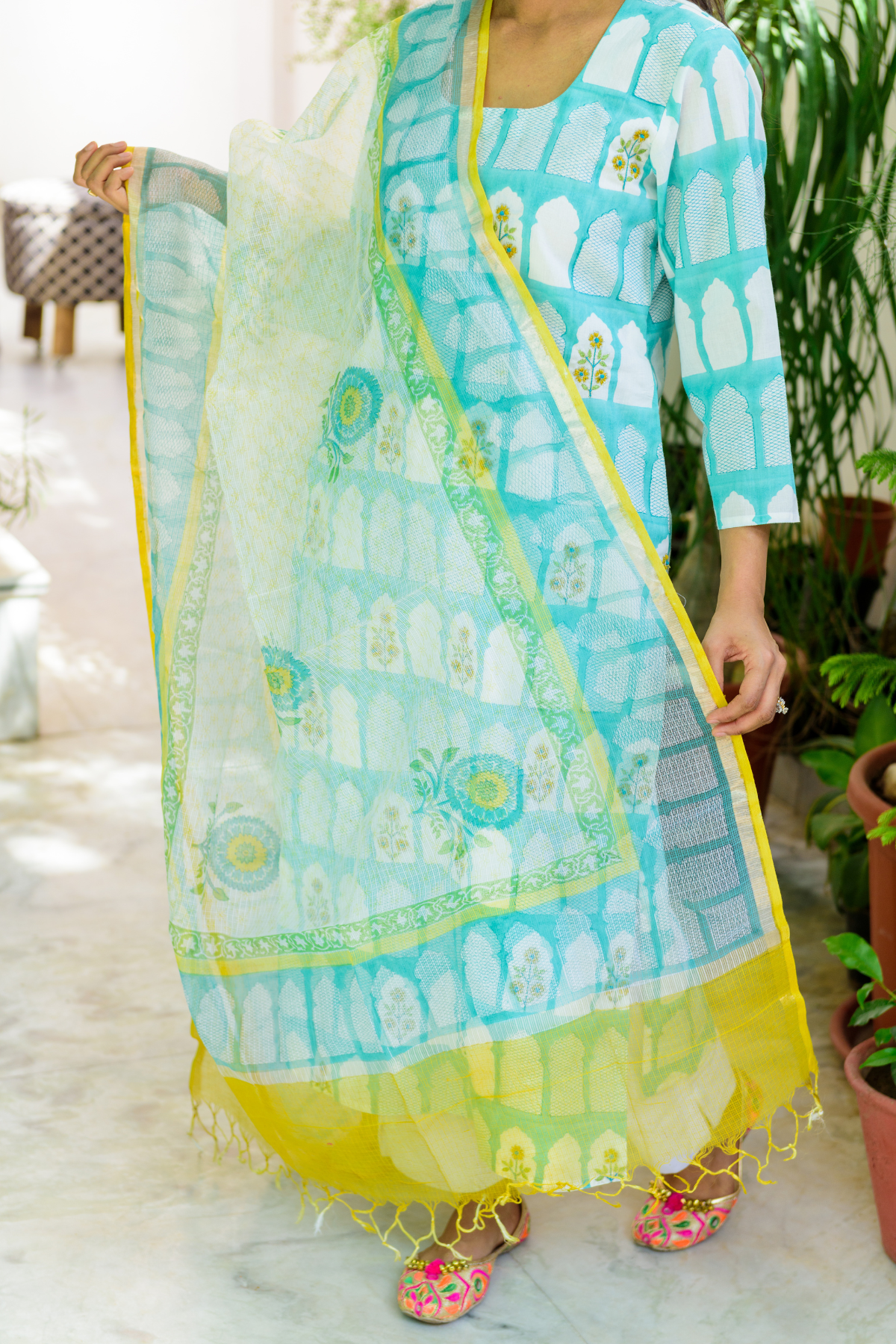 Blue Jharokha Print Kurta with Kota Doria Dupatta
