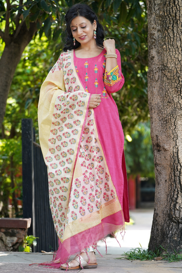 Nargis Kalamkari, Kantha Blockprint Pink Suit Set