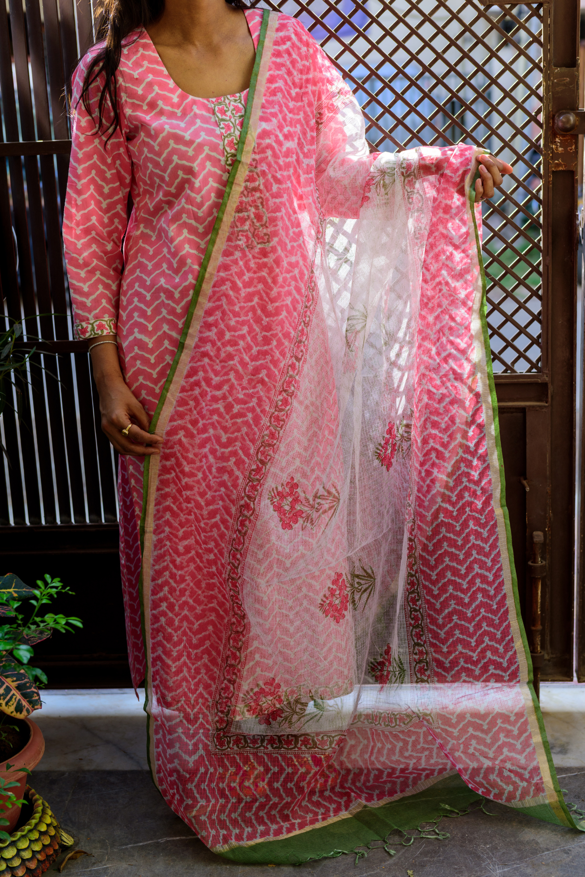 Pink Zahira Kurta, Striped Pants with Kota Doria Dupatta