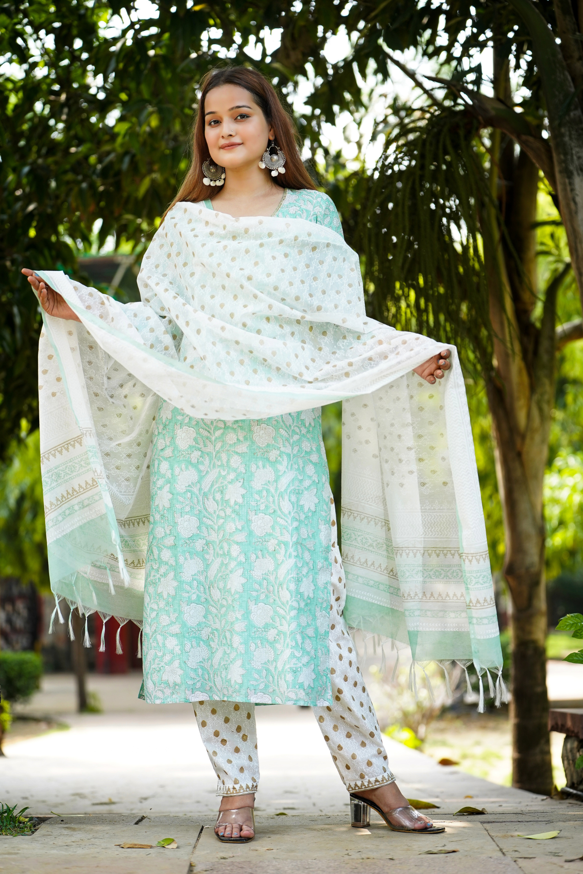 Utsavi Sea Green Hand Block Print Chanderi Kurta, Dupatta and Pant Set