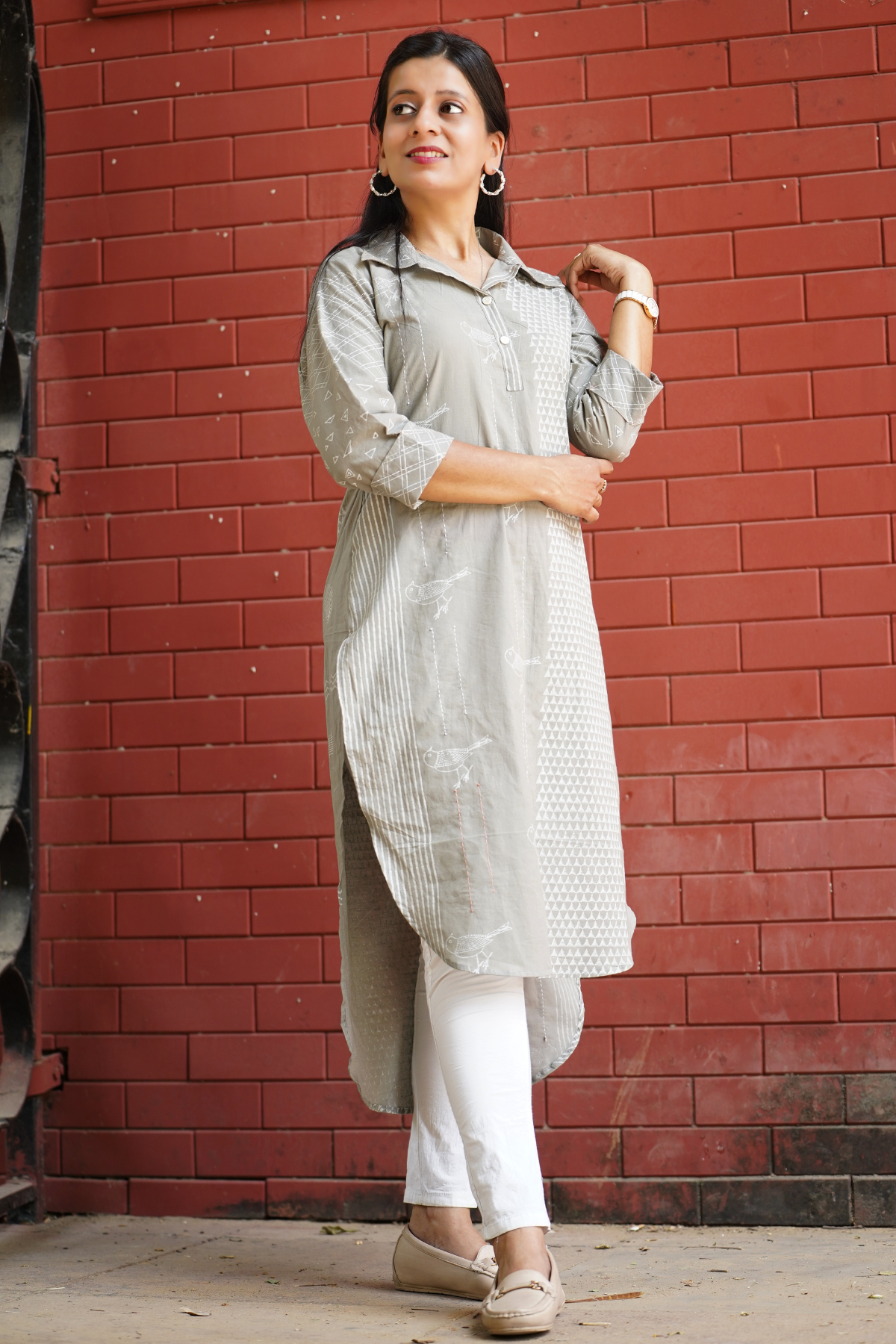 Grey Khari Print Shirt Kurta