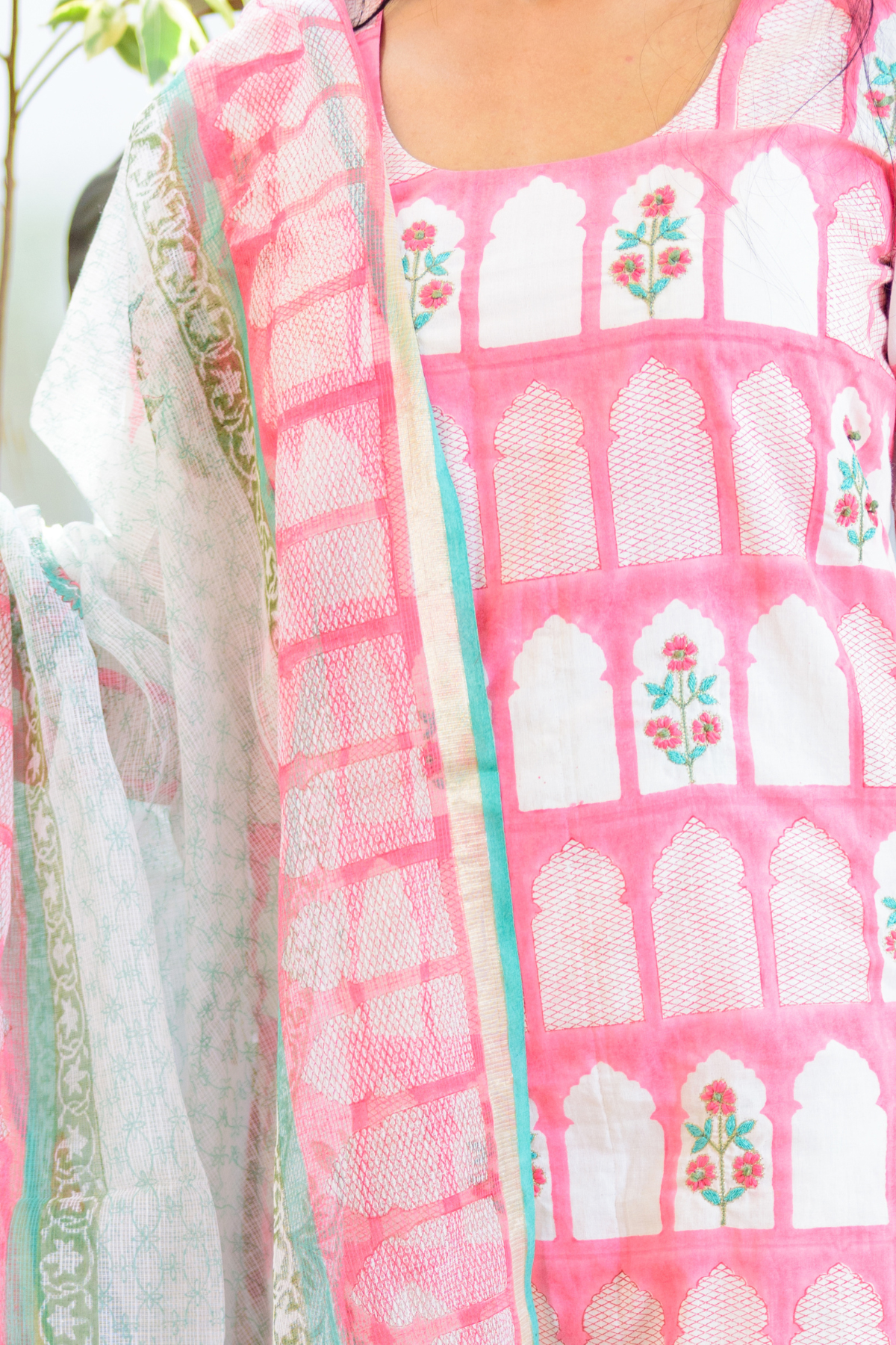 Pink Jharokha Print Kurta with Kota Doria Dupatta