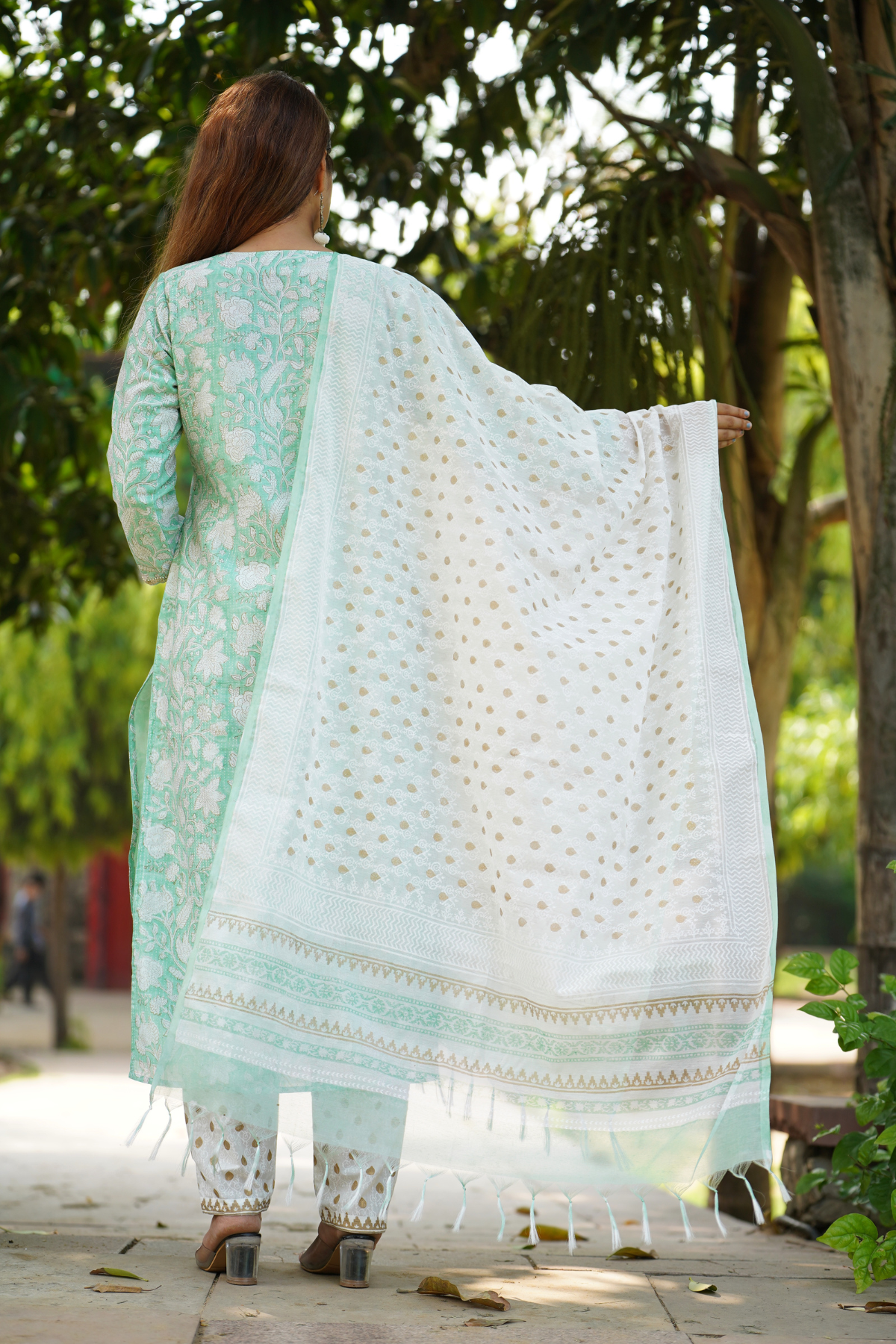 Utsavi Sea Green Hand Block Print Chanderi Kurta, Dupatta and Pant Set