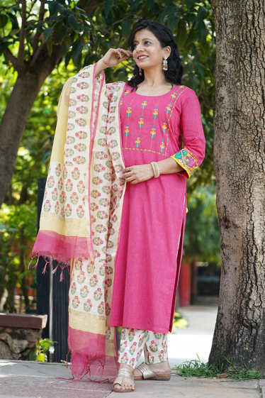 Nargis Kalamkari, Kantha Blockprint Pink Suit Set