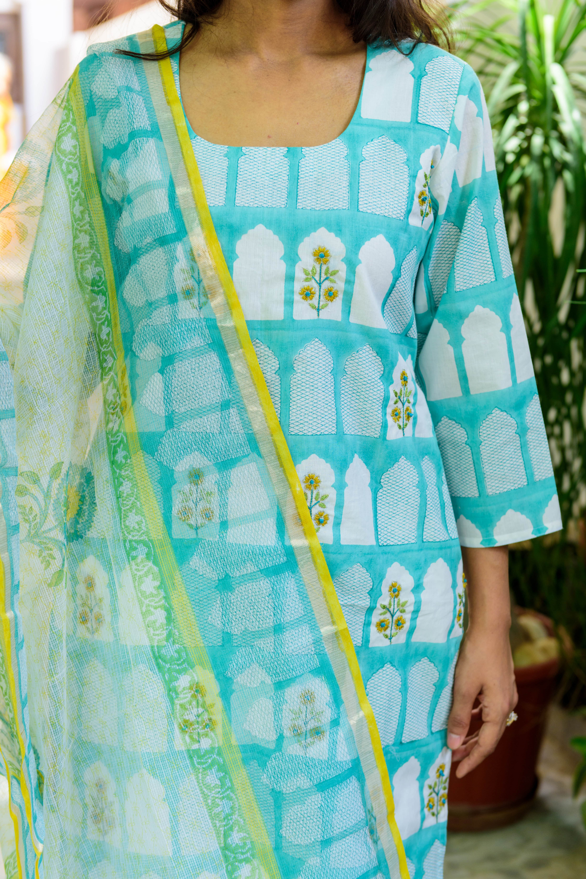 Blue Jharokha Print Kurta with Kota Doria Dupatta