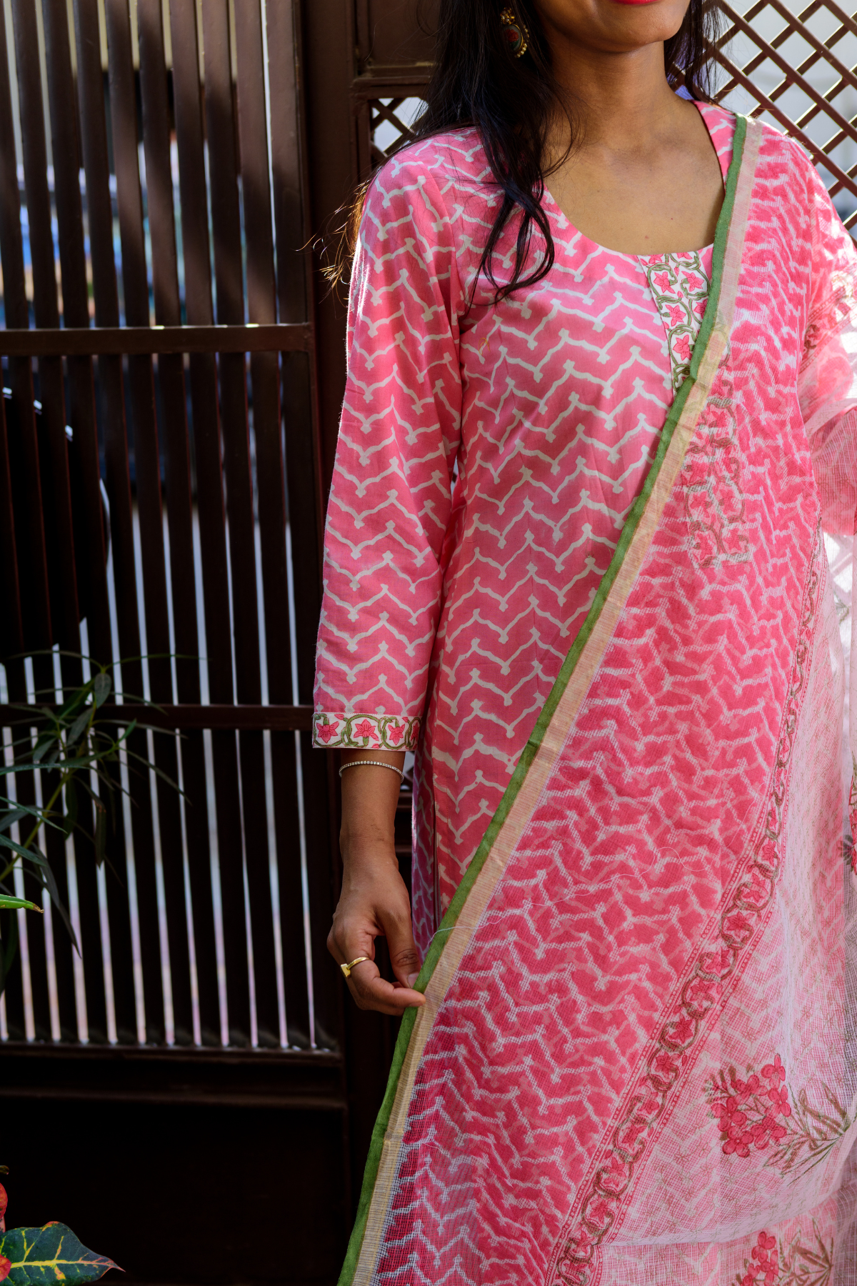 Pink Zahira Kurta, Striped Pants with Kota Doria Dupatta