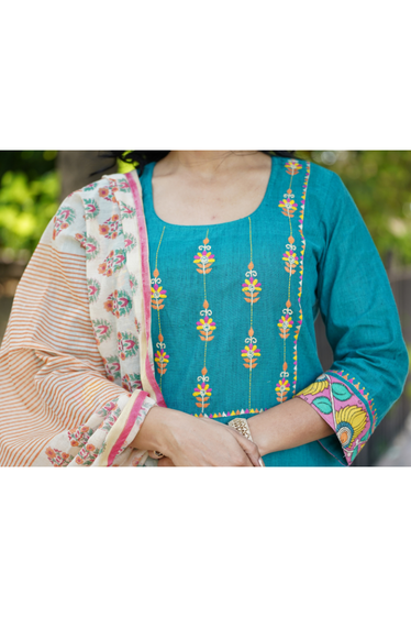 Nargis Kalamkari, Kantha Blockprint Teal Suit Set